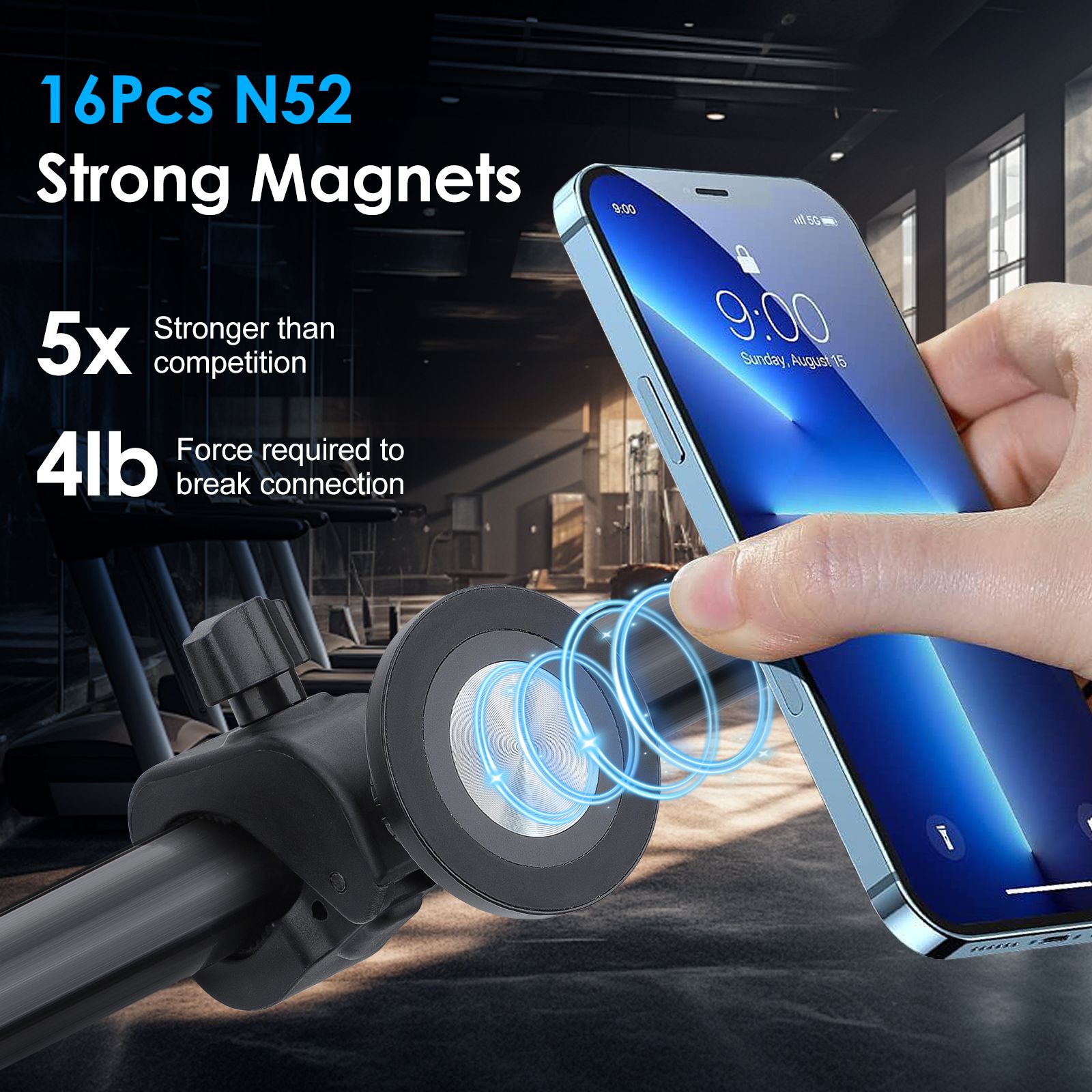 Bike Phone Holder, Magnetic Motorcycle Handlebar Phone Mount for iPhone Magsafe and All Smartphones, for Stationary Exercise Bike Treadmill Gym Fitness Equipment