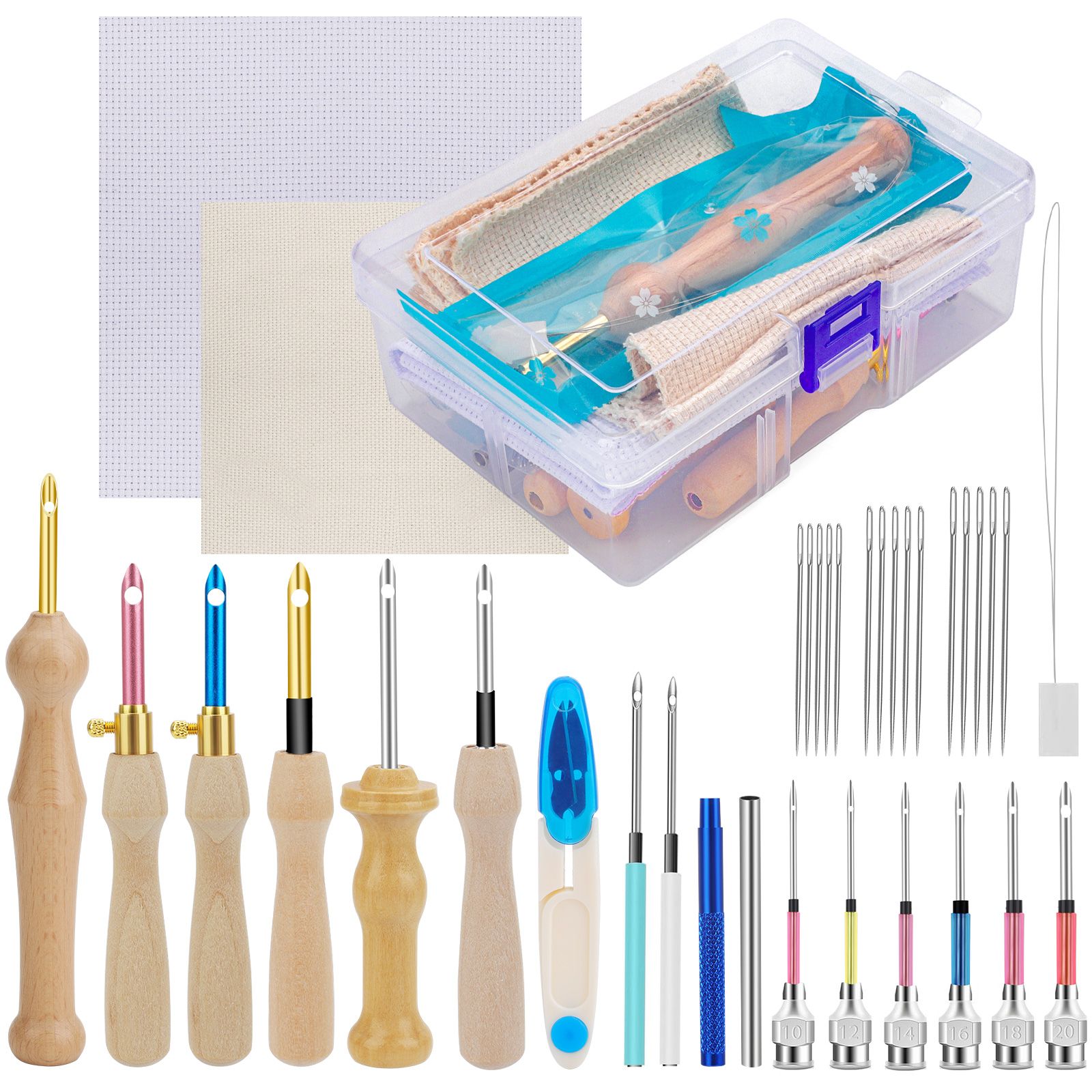 35pcs Punch Needle Embroidery Kit, Adjustable Wooden Handle Punch Needle Stitching Tool