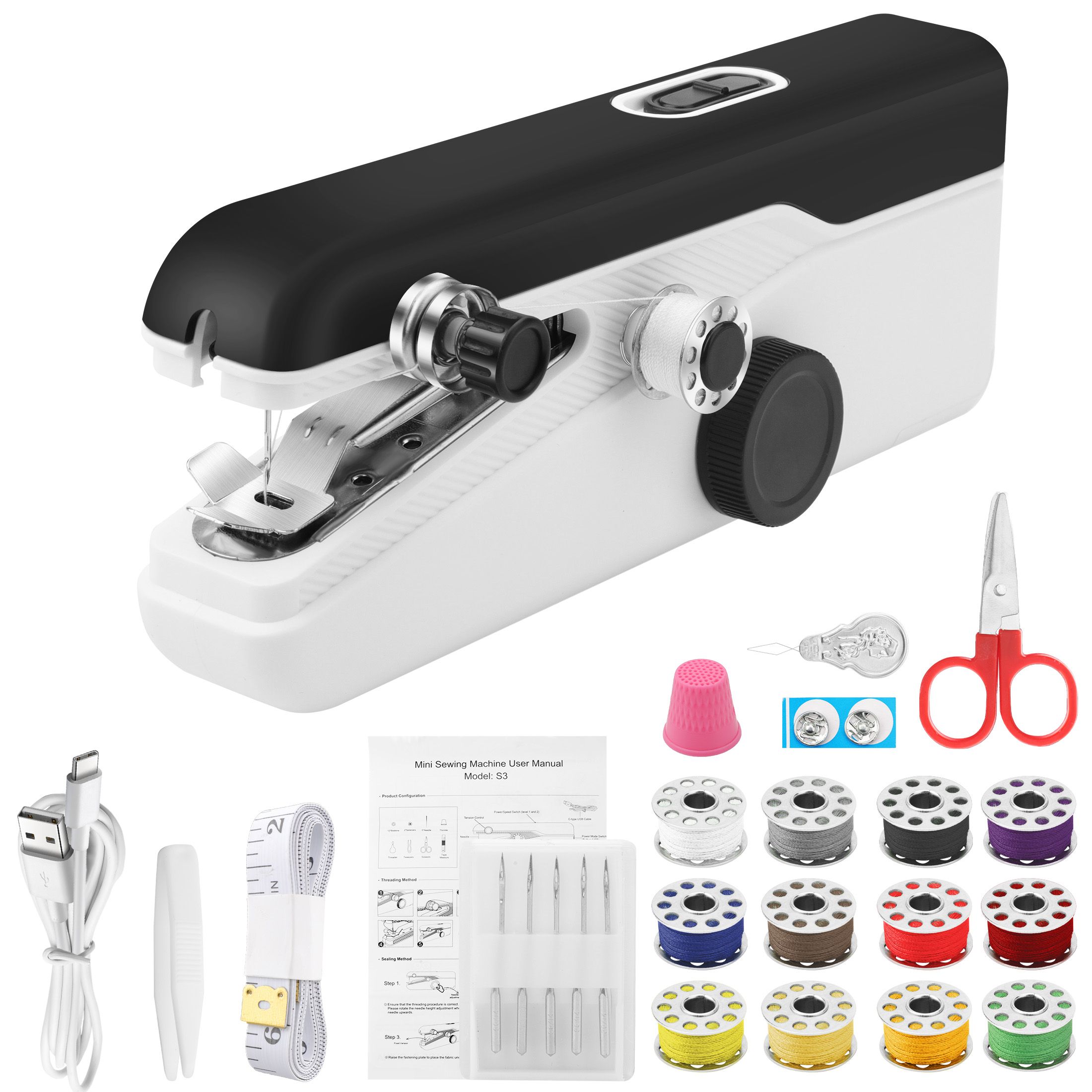 Mini Portable Handheld Sewing Machine, Quick Electric Stitch with Sewing Kit, Includes Scissors, Wire, and Measuring Tape