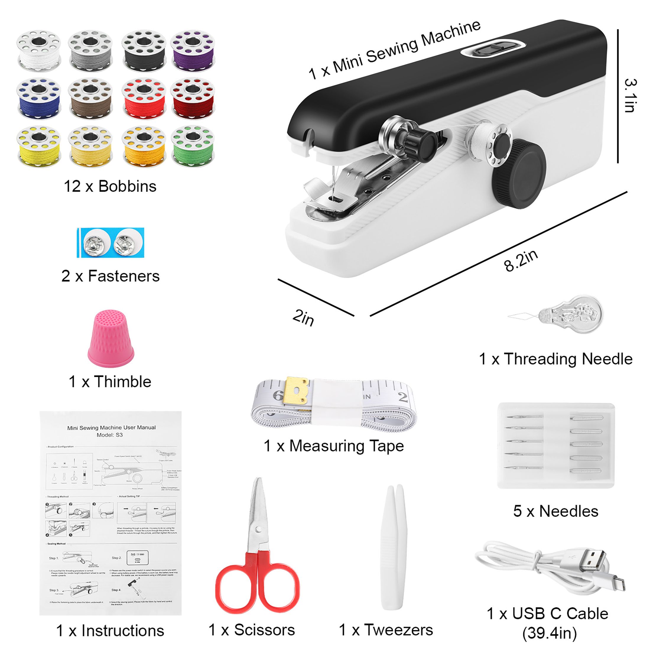 Mini Portable Handheld Sewing Machine, Quick Electric Stitch with Sewing Kit, Includes Scissors, Wire, and Measuring Tape