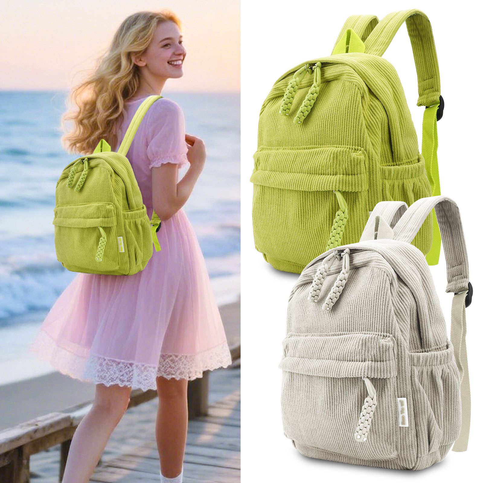 Small Corduroy Backpack, Lightweight Travel Bag with Zipper, Casual Bookbag for School