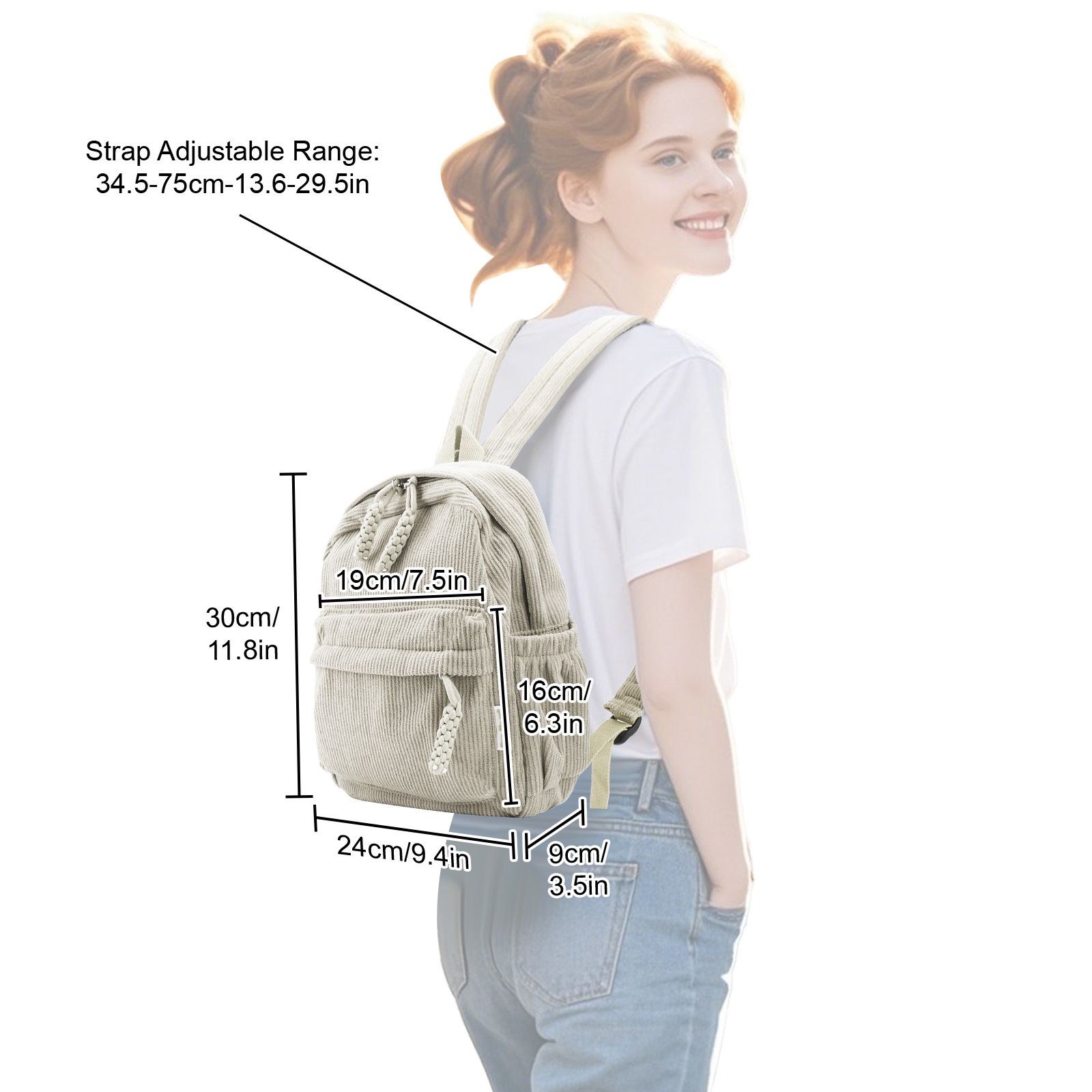 Small Corduroy Backpack, Lightweight Travel Bag with Zipper, Casual Bookbag for School