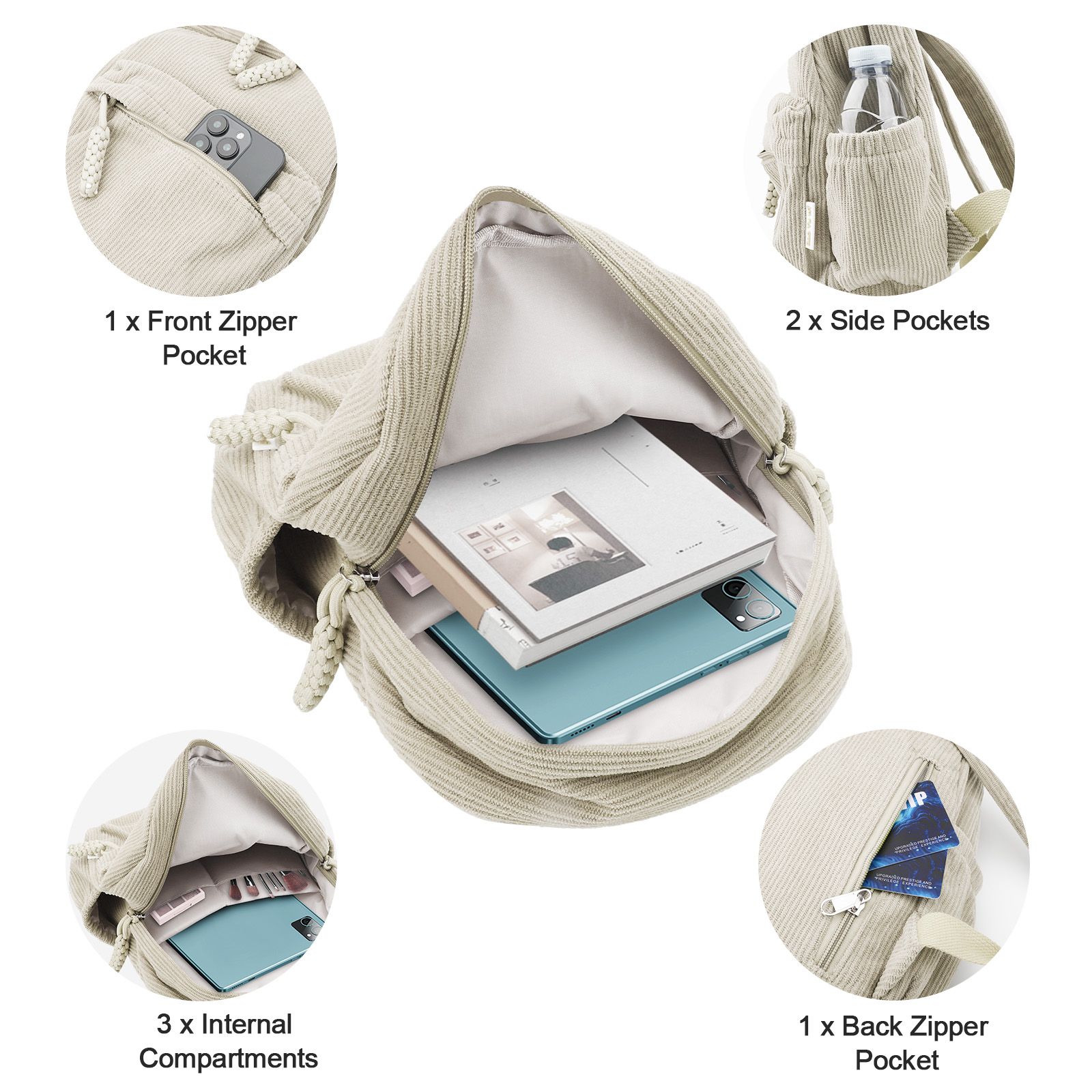 Small Corduroy Backpack, Lightweight Travel Bag with Zipper, Casual Bookbag for School