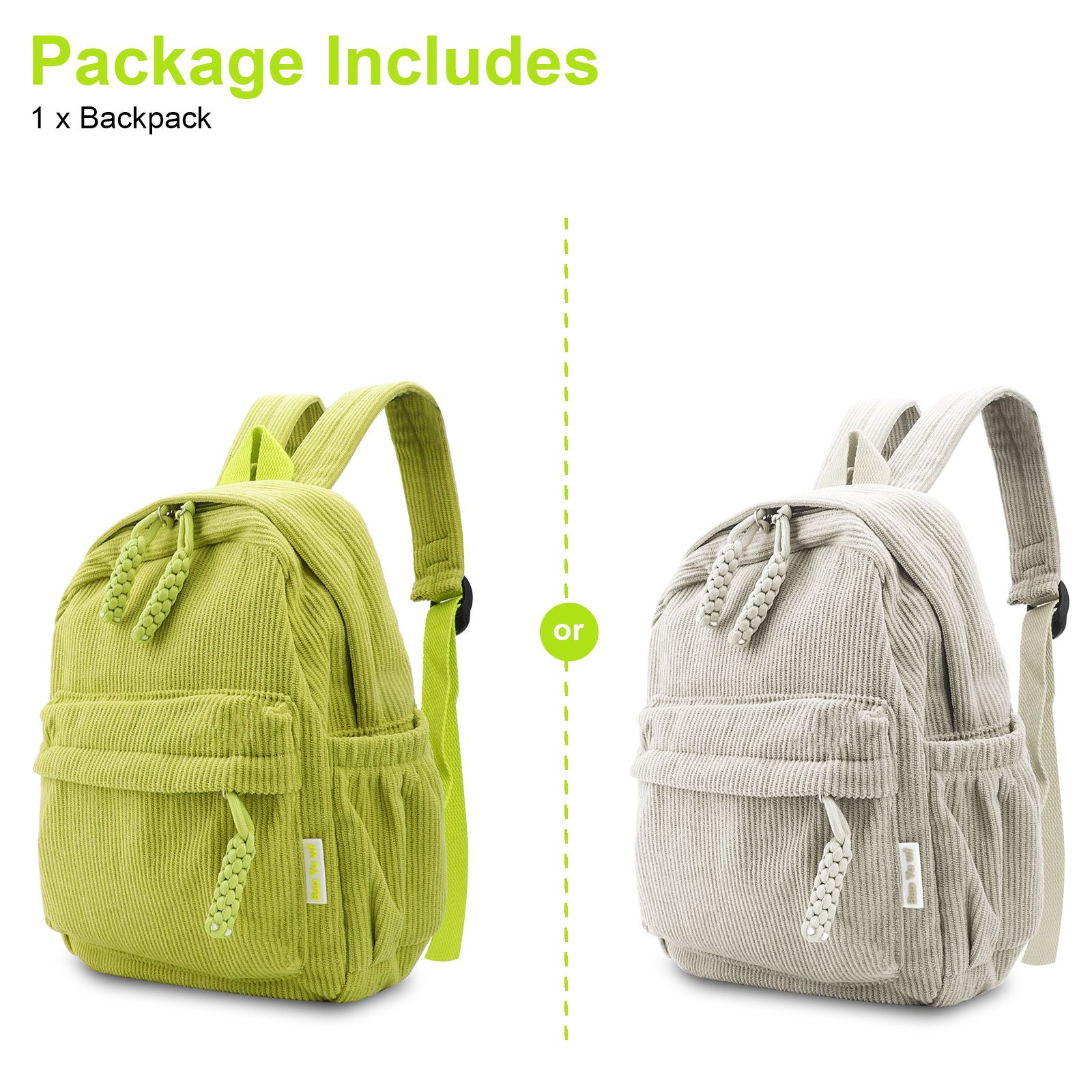 Small Corduroy Backpack, Lightweight Travel Bag with Zipper, Casual Bookbag for School