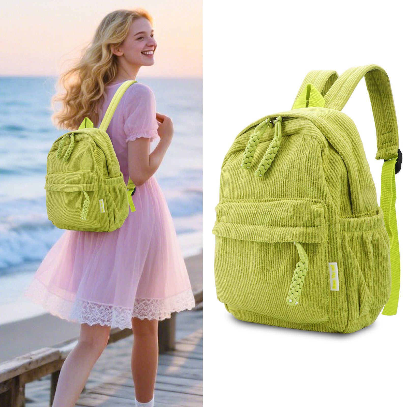 Small Corduroy Backpack, Lightweight Travel Bag with Zipper, Casual Bookbag for School
