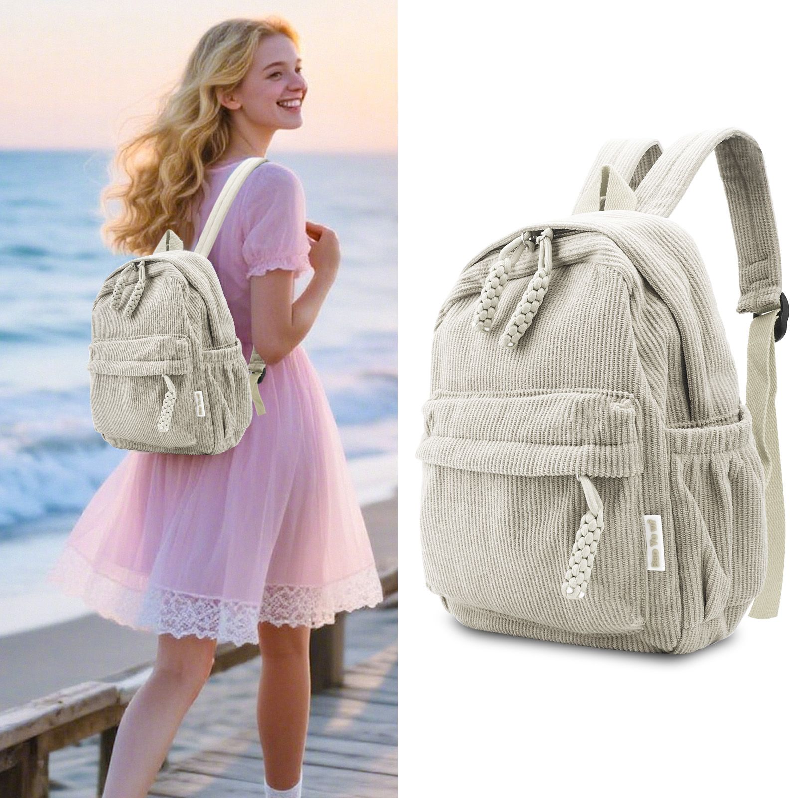 Small Corduroy Backpack, Lightweight Travel Bag with Zipper, Casual Bookbag for School
