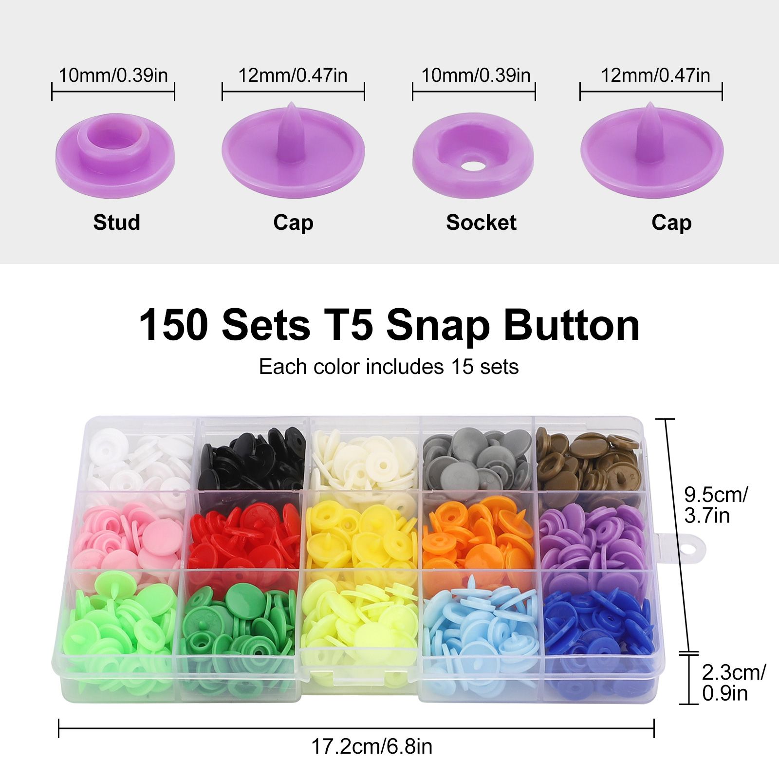 150pcs Snap Fasteners Tool Kit, 15 Color Sewing Art Plastic Buttons Fastener with Pliers and Setting Tools