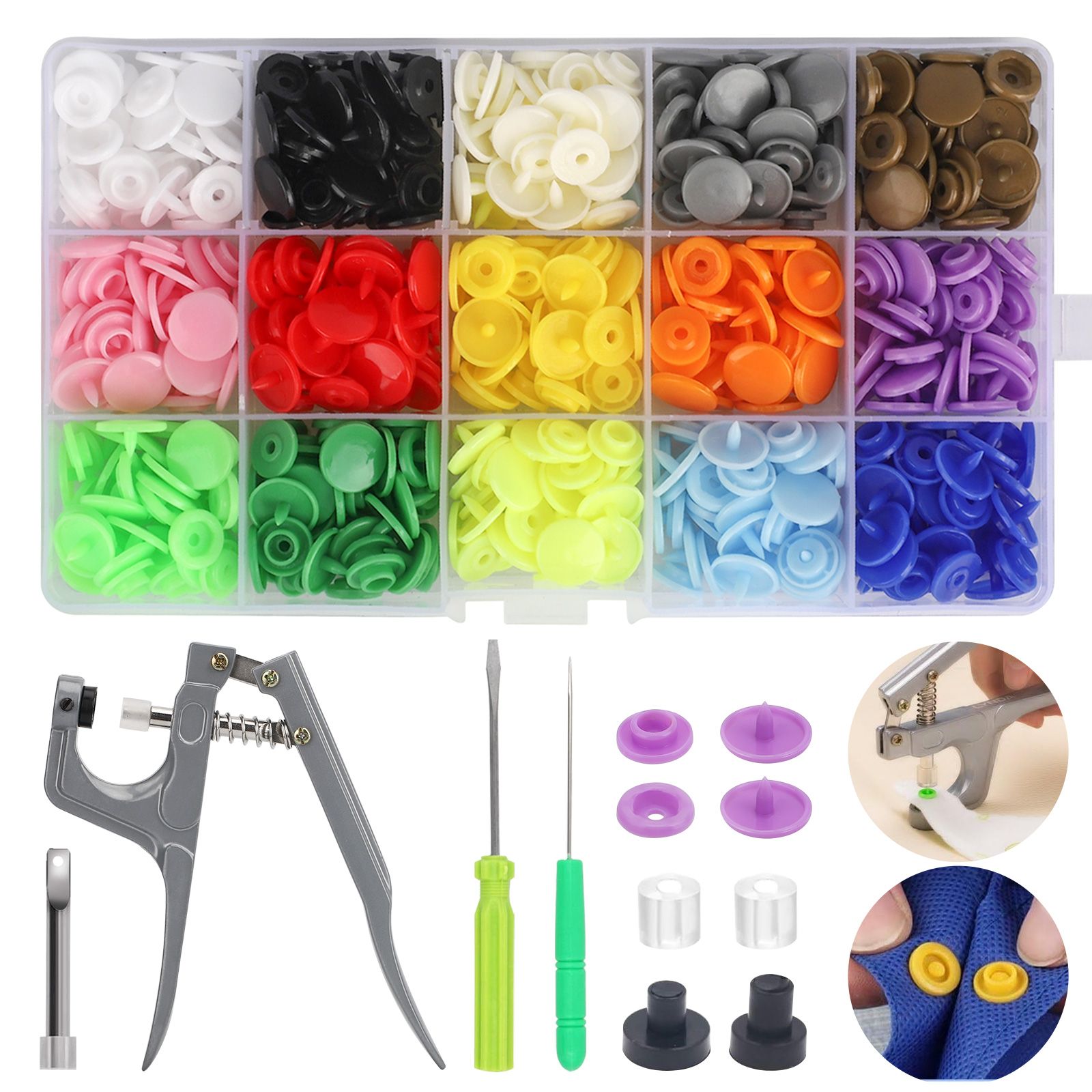 150pcs Snap Fasteners Tool Kit, 15 Color Sewing Art Plastic Buttons Fastener with Pliers and Setting Tools