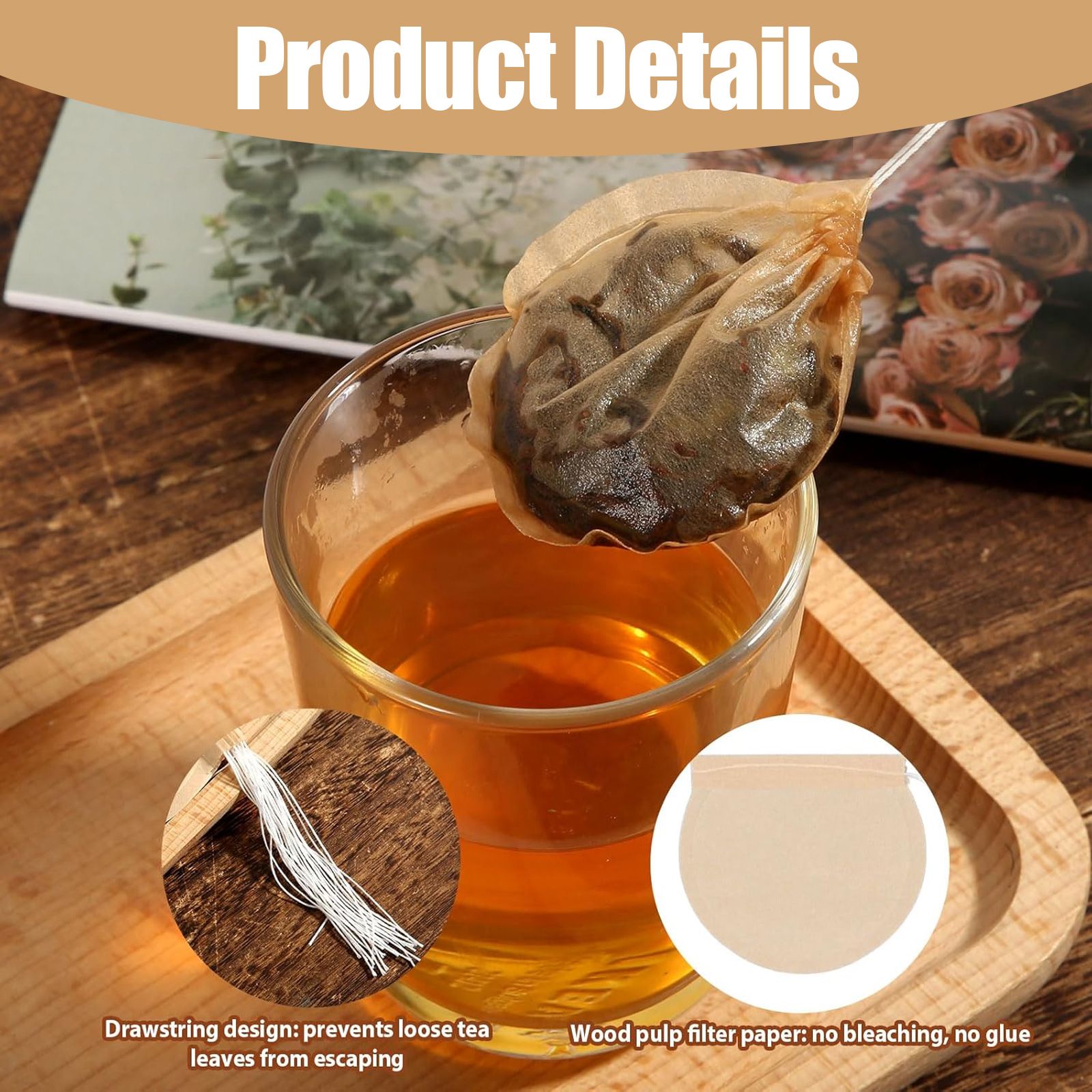 300pcs Empty Tea Bags, 7.6 x 6.6cm Disposable Tea Filter Bags for Loose Leaf, Natural Unbleached Tea Coffee Bags with Drawstring