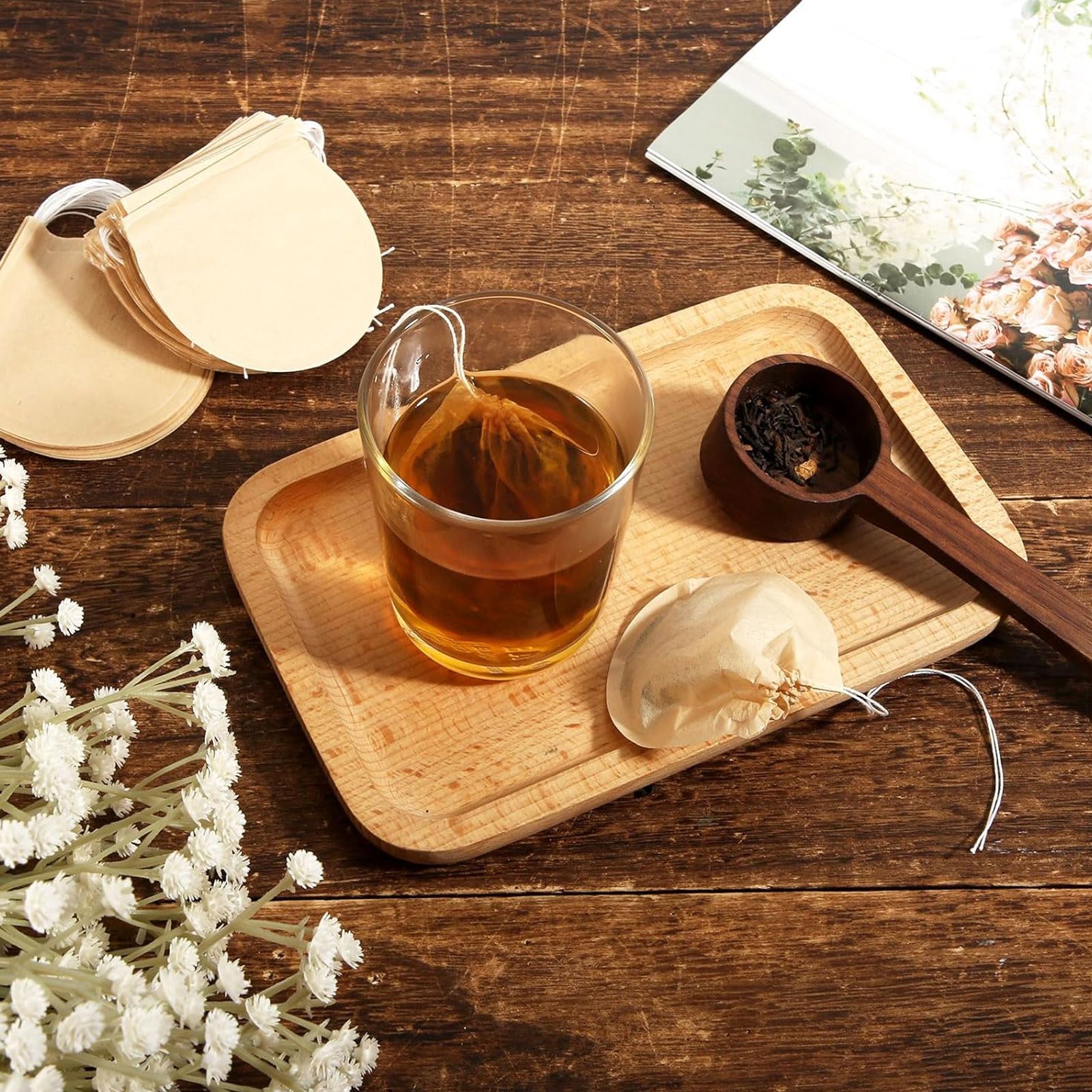 300pcs Empty Tea Bags, 7.6 x 6.6cm Disposable Tea Filter Bags for Loose Leaf, Natural Unbleached Tea Coffee Bags with Drawstring