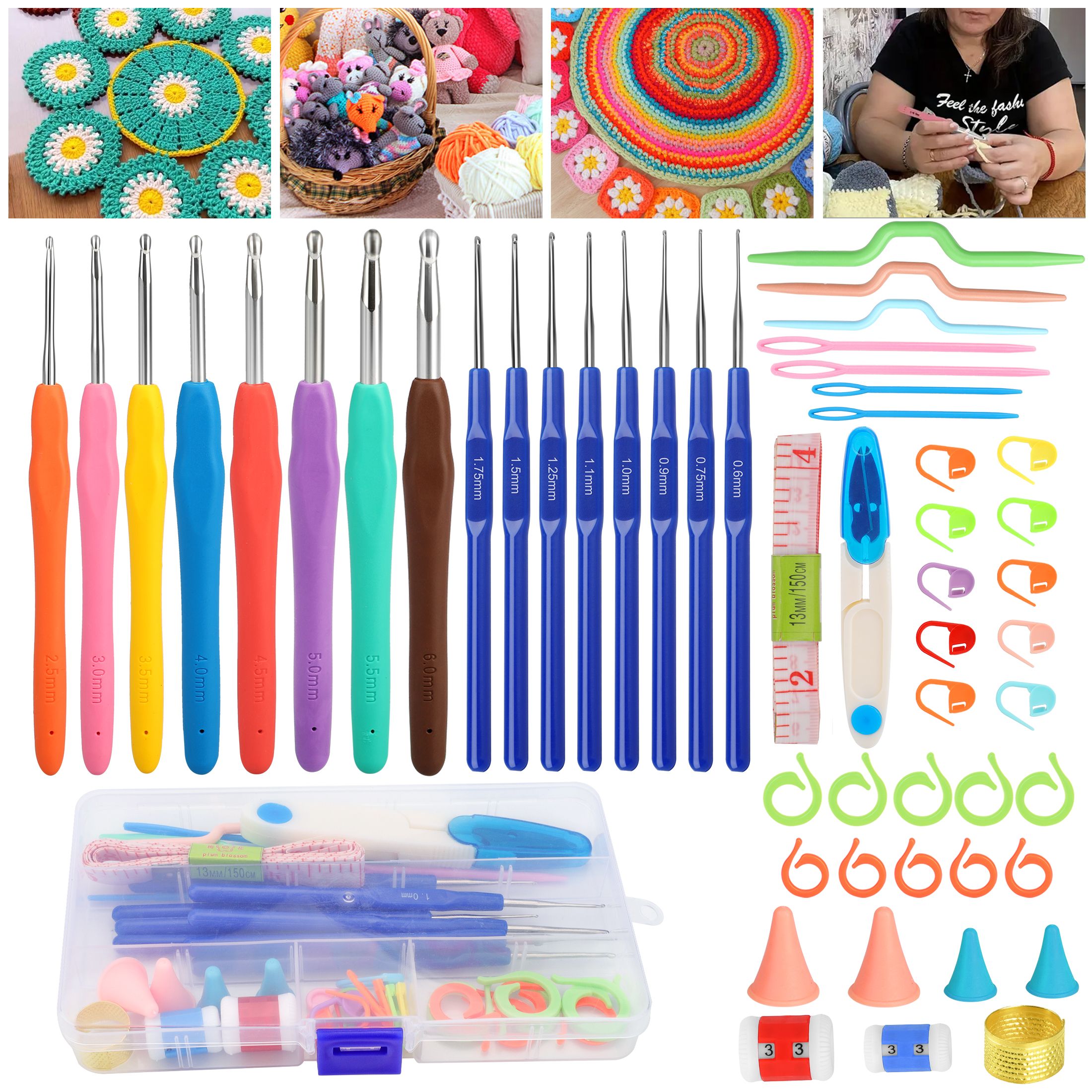 16 Size Crochet Hooks 0.6 - 6mm, Ergonomic Crochet Needle Set with Case for Beginners