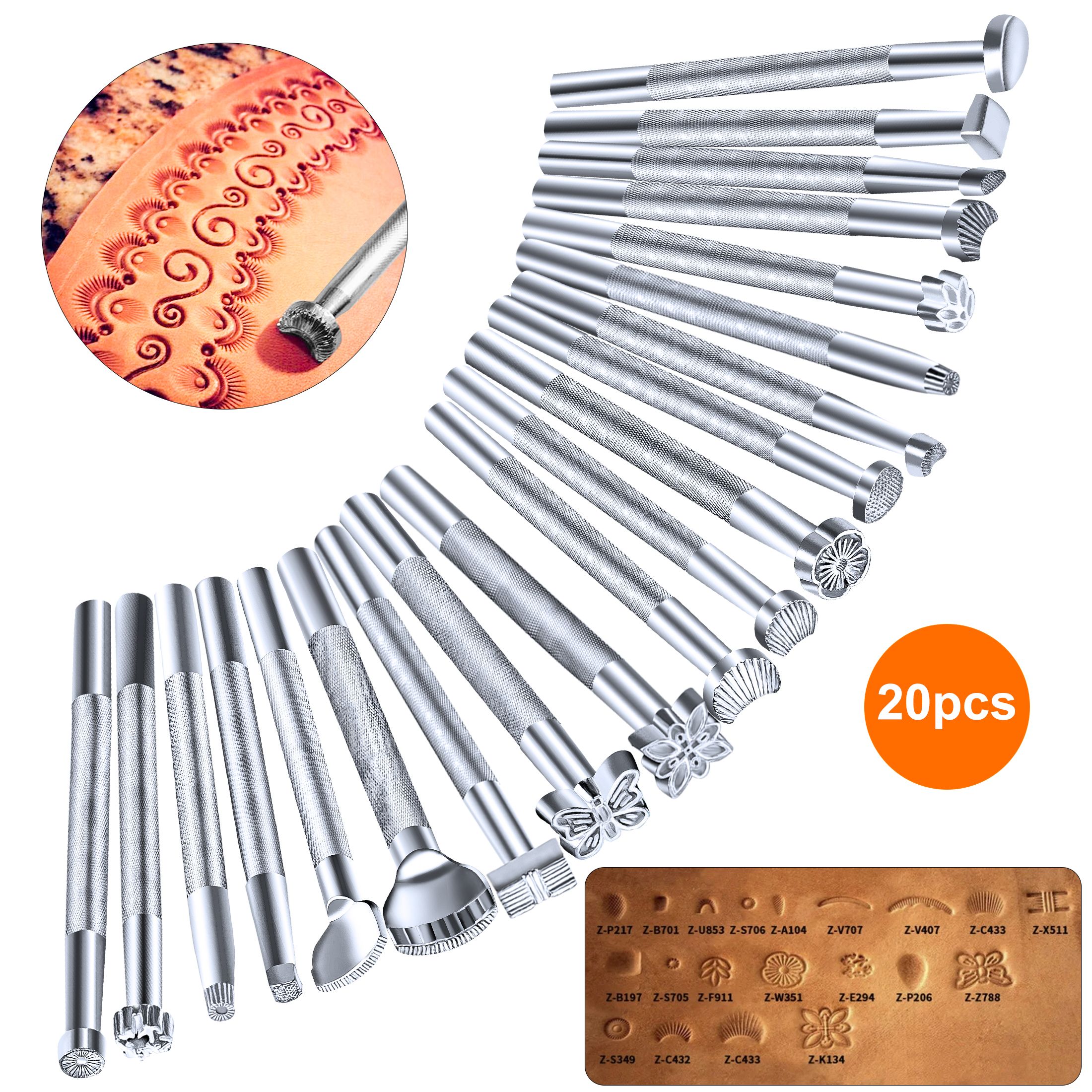 Leather Stamping Tools, 20pcs Leather Working Saddle Making Stamps Set Special Shape Stamp Punch Set Carving Leather Craft Stamp Handmade Art Tools