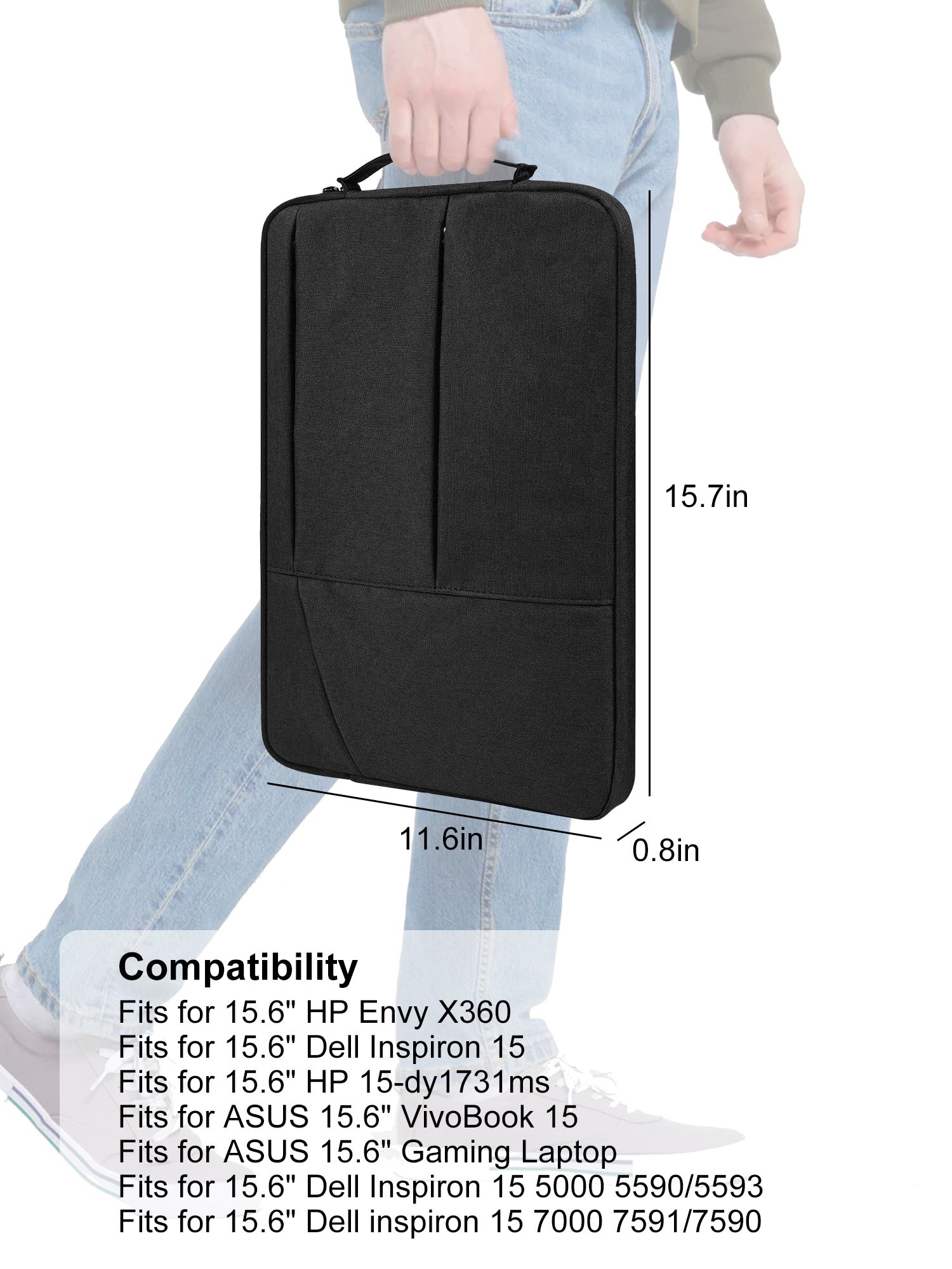 15.6inch Laptop Sleeve Case Computer Carrying Bag Fis for MacBook Pro Lenovo HP Dell, Black