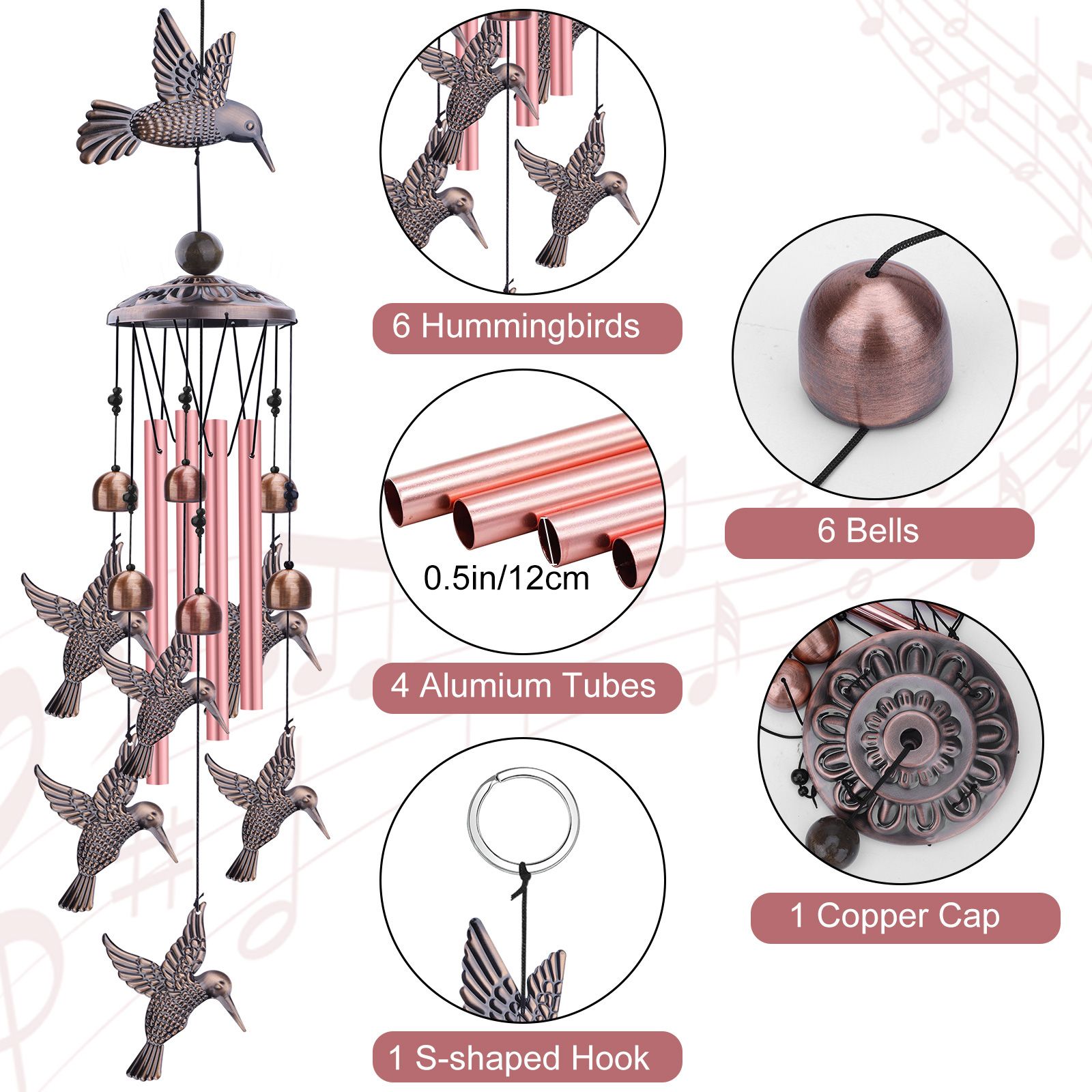 Hummingbird Chimes for Outside, Decorative Wind Chimes Hummingbird Gifts for Women, Memorial Windchimes Outdoors for Patio Garden Decor, Gifts for Mom Grandma