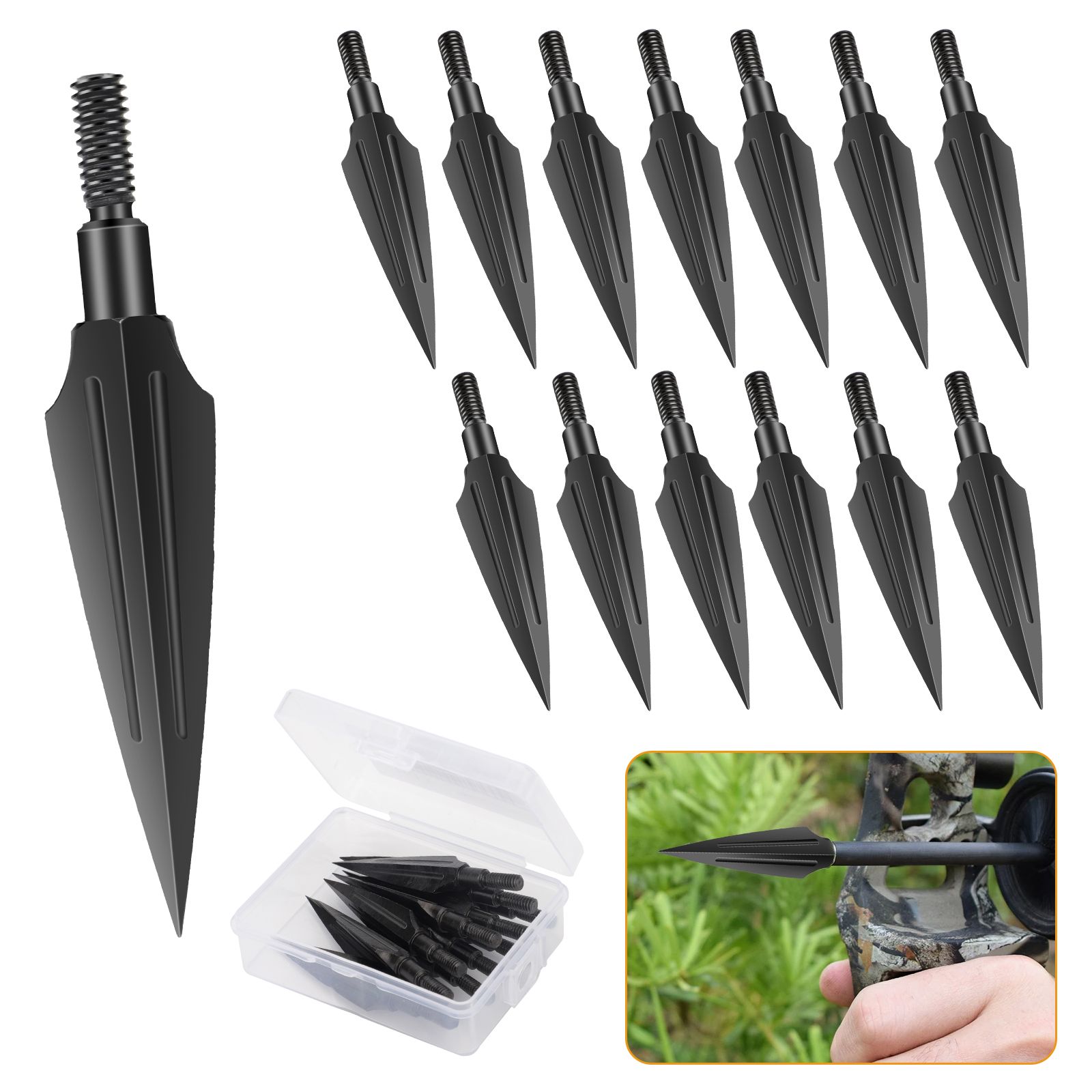 Traditional Broadheads, 12pcs 125 Grains Traditional Hunting Points Screw-in Hunting Arrowheads Solid Metal Arrow Archery Tips for Hunting and Target, Compound, Recurve Bow & Crossbow