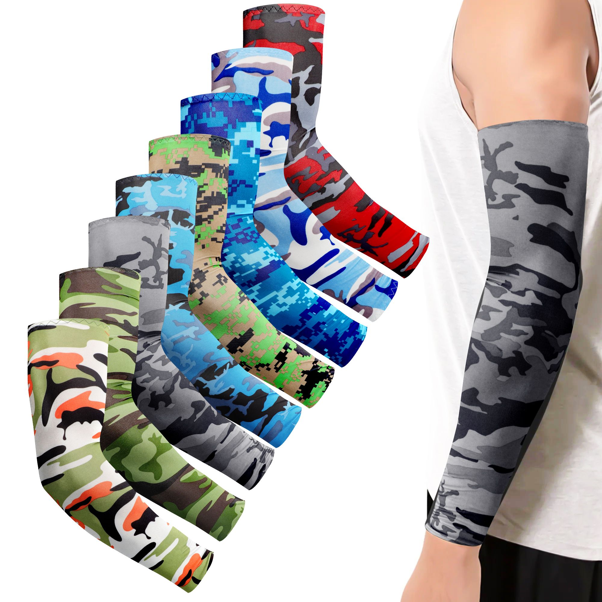 8 Pairs Cooling Arm Sleeves UV Protection Sun Sleeves for Women Men Outdoor Sports Running Golf Cycling (Camouflage Pattern)