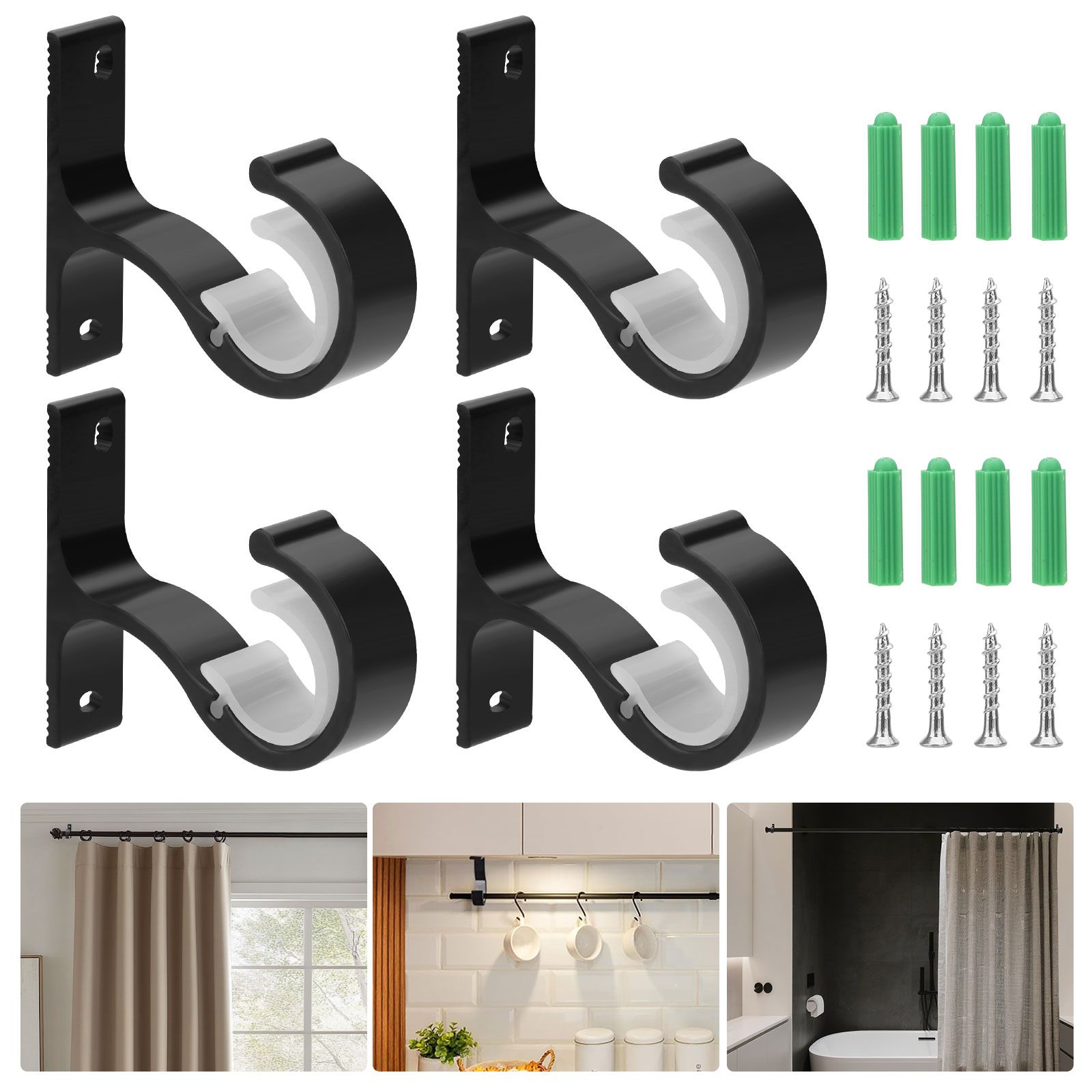 4pcs Curtain Rod Bracket, Heavy Duty Curtain Rod Holders, Wall Mounted Curtain Rod Hooks
