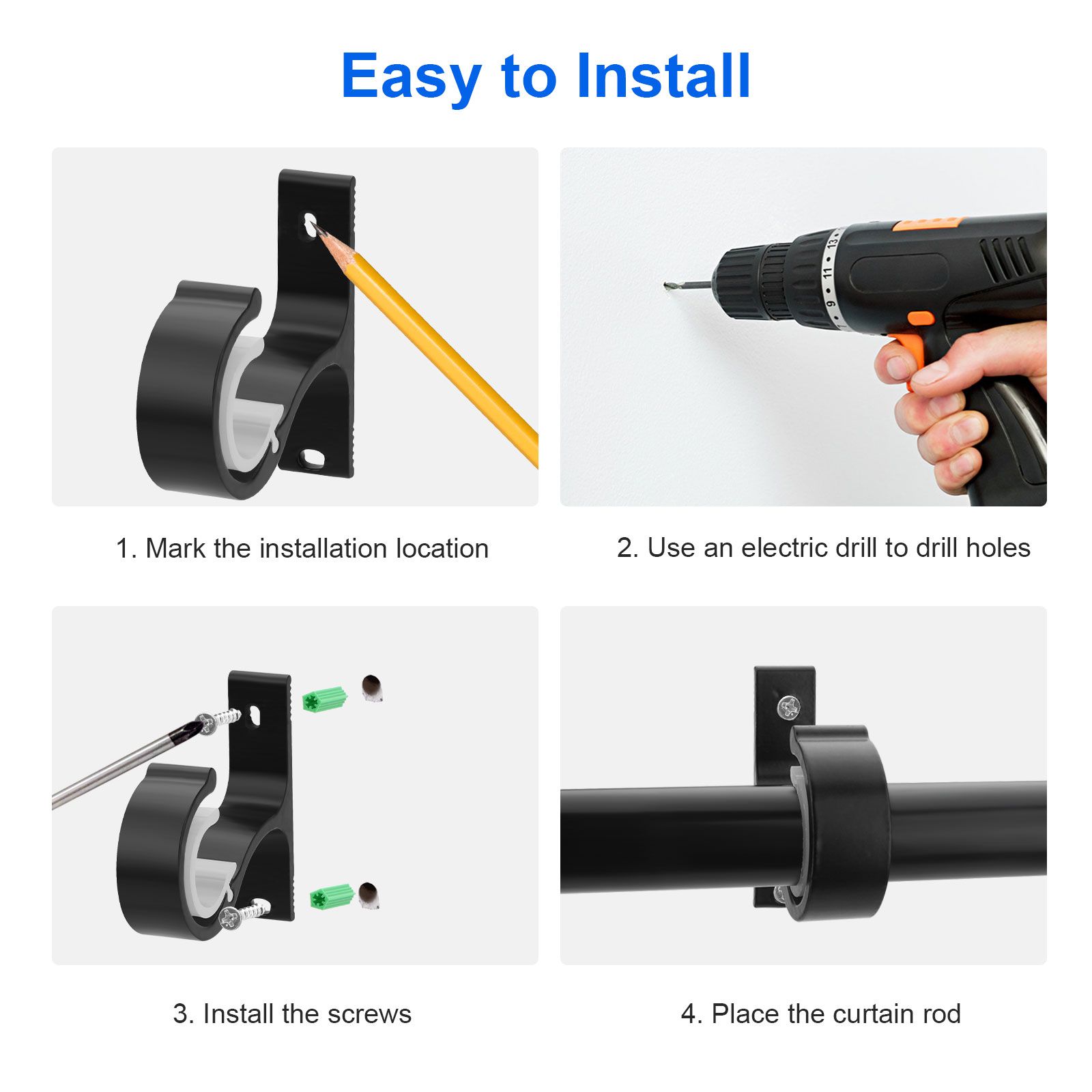 4pcs Curtain Rod Bracket, Heavy Duty Curtain Rod Holders, Wall Mounted Curtain Rod Hooks