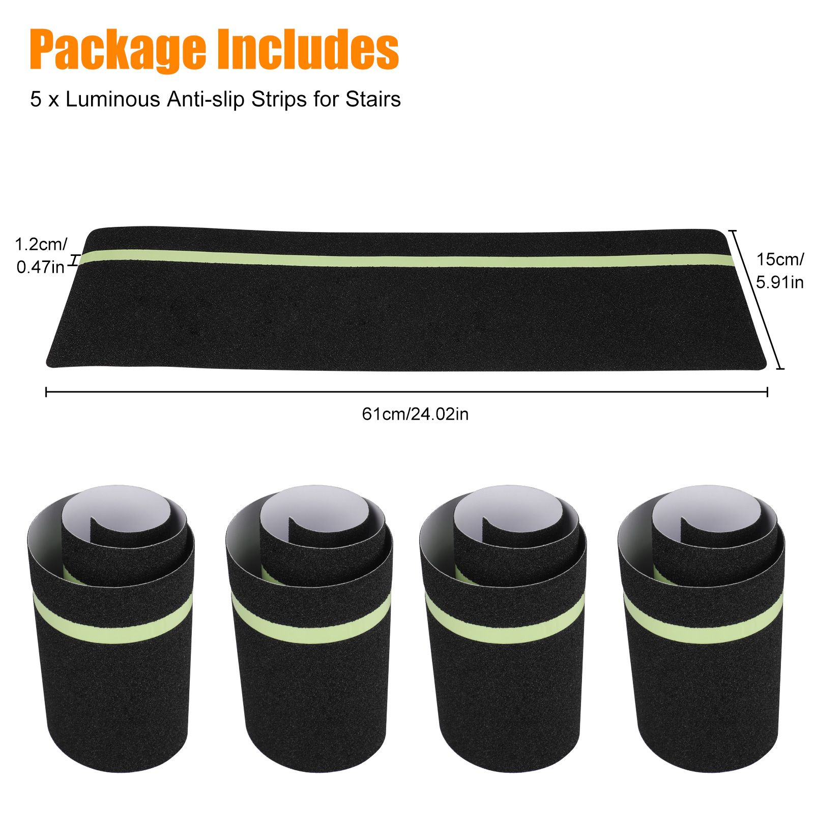 5pcs Anti Slip Grip Tape, Non-slip Traction Treads with Glow in the Dark Stripe, Heavy Duty Traction for Steps, Staircase, Deck