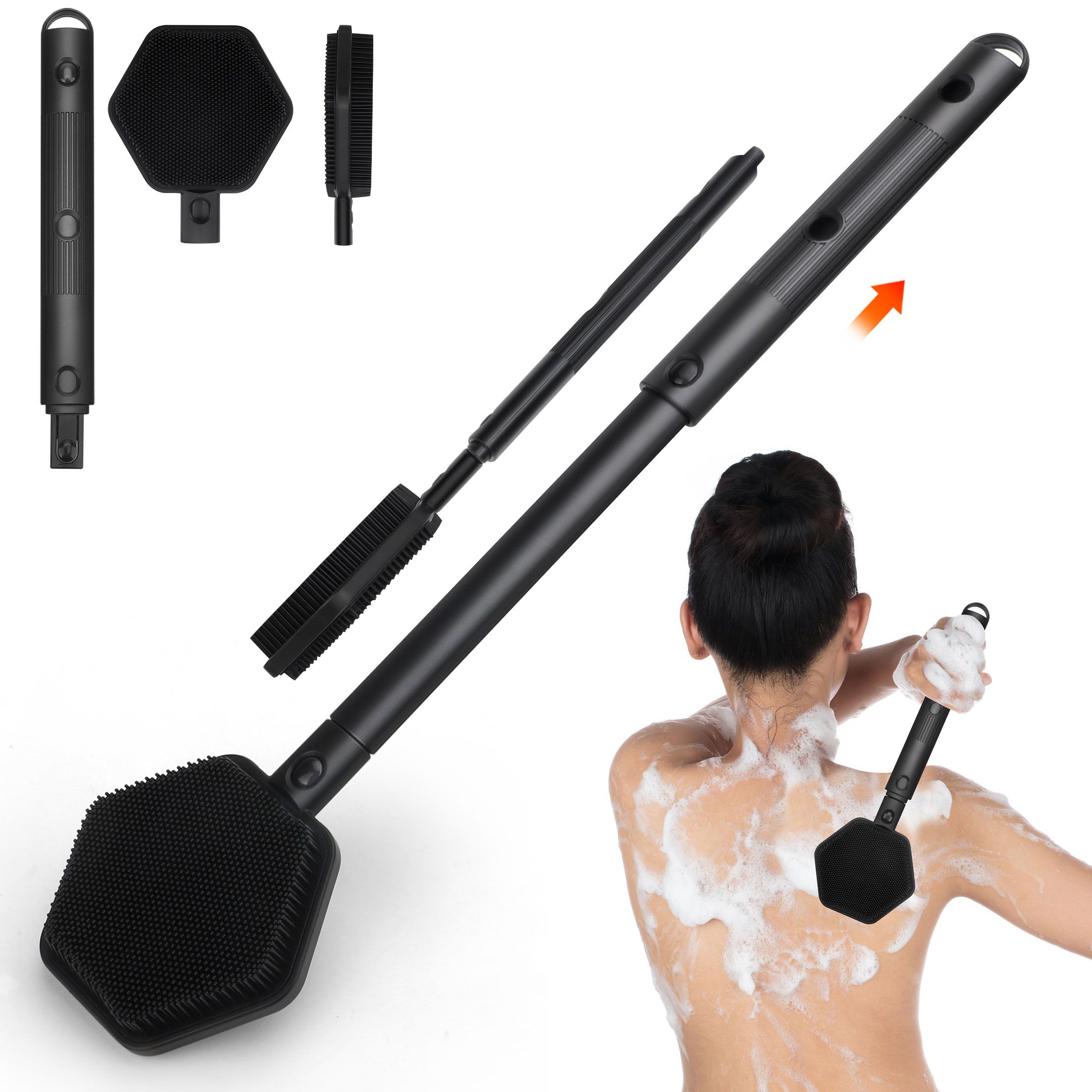 Silicone Back Scrubber for Shower, 53cm Long Handle Telescopic Bath Brush, Double Sided Shower Brush for Men Women, Black