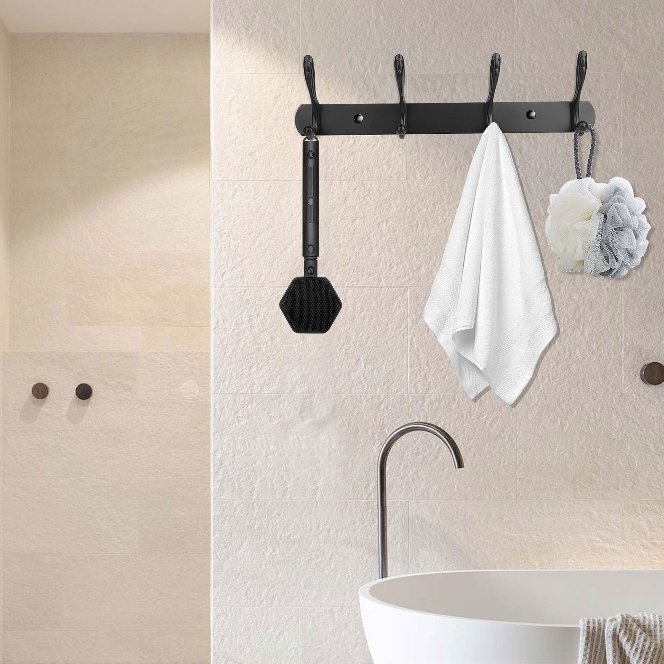 Silicone Back Scrubber for Shower, 53cm Long Handle Telescopic Bath Brush, Double Sided Shower Brush for Men Women, Black