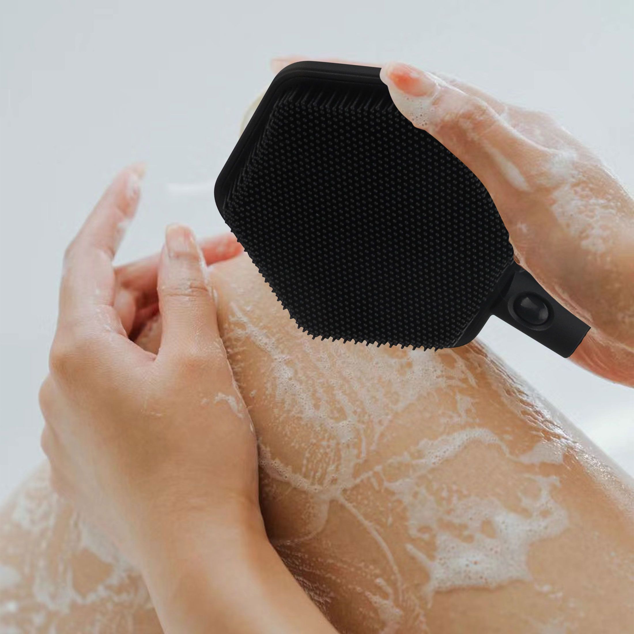 Silicone Back Scrubber for Shower, 53cm Long Handle Telescopic Bath Brush, Double Sided Shower Brush for Men Women, Black