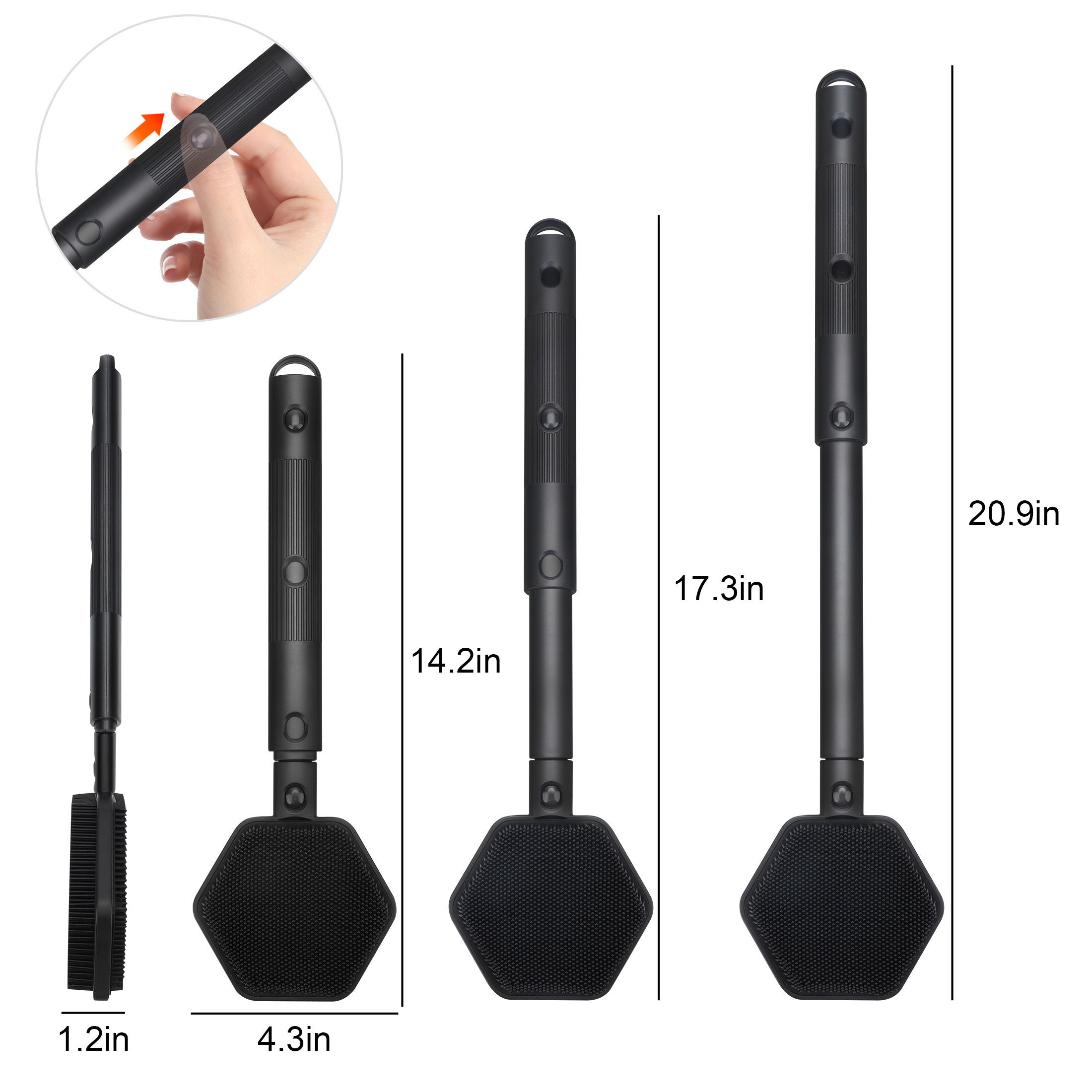 Silicone Back Scrubber for Shower, 53cm Long Handle Telescopic Bath Brush, Double Sided Shower Brush for Men Women, Black