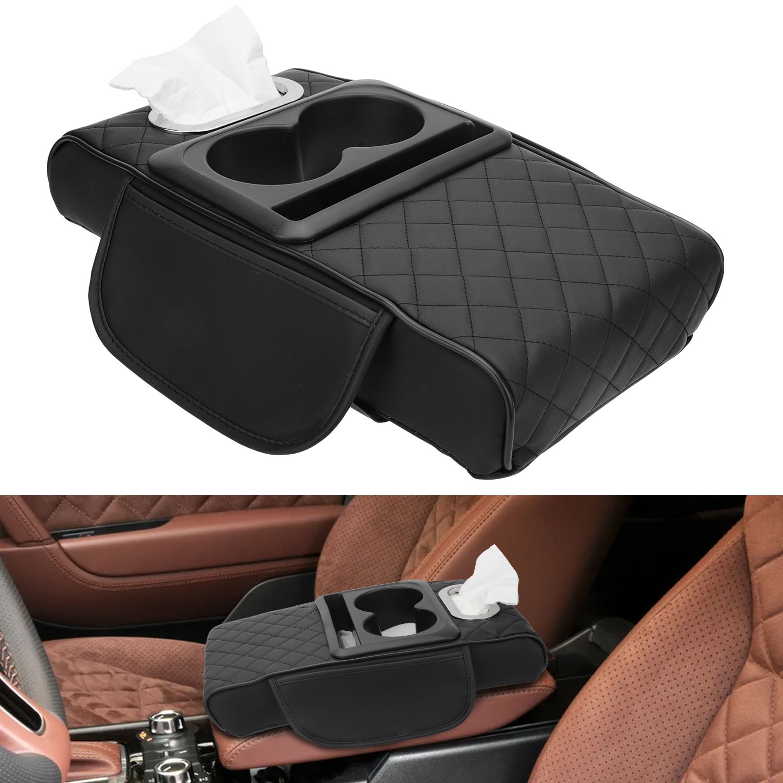 Leather Car Center Console Armrest Pillow with Cup Holder, Phone Holder, Tissue Box, Side Pocket, Black