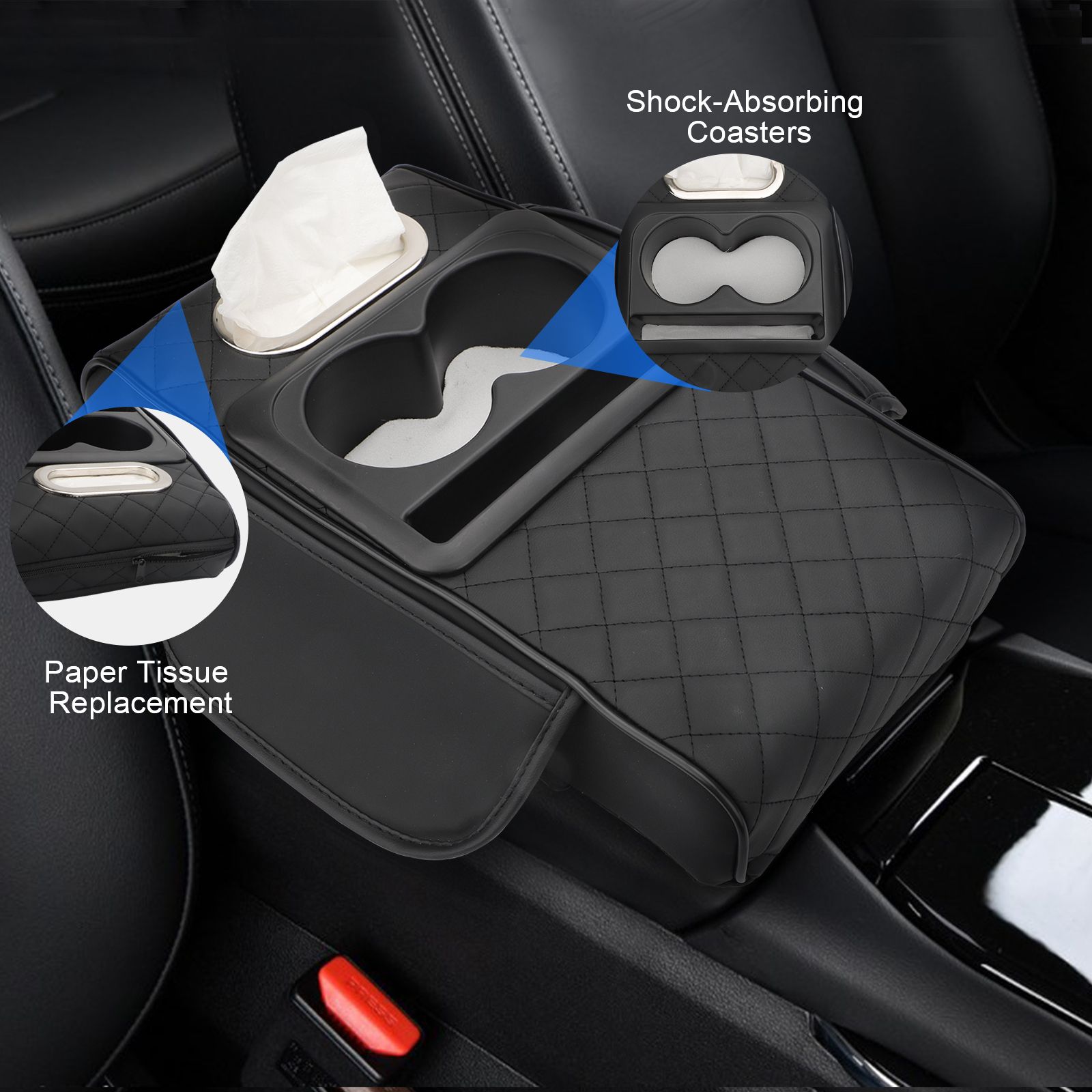 Leather Car Center Console Armrest Pillow with Cup Holder, Phone Holder, Tissue Box, Side Pocket, Black