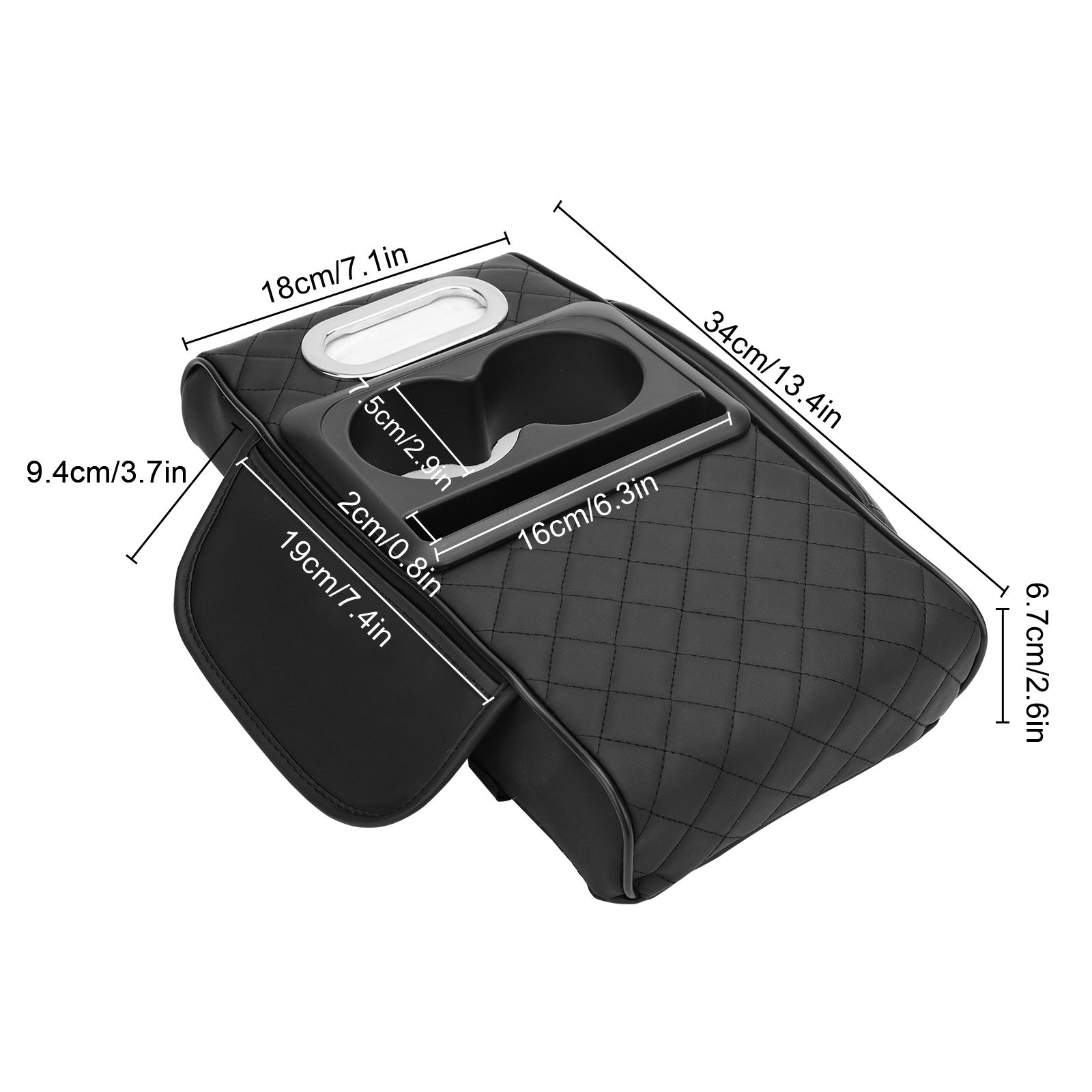 Leather Car Center Console Armrest Pillow with Cup Holder, Phone Holder, Tissue Box, Side Pocket, Black