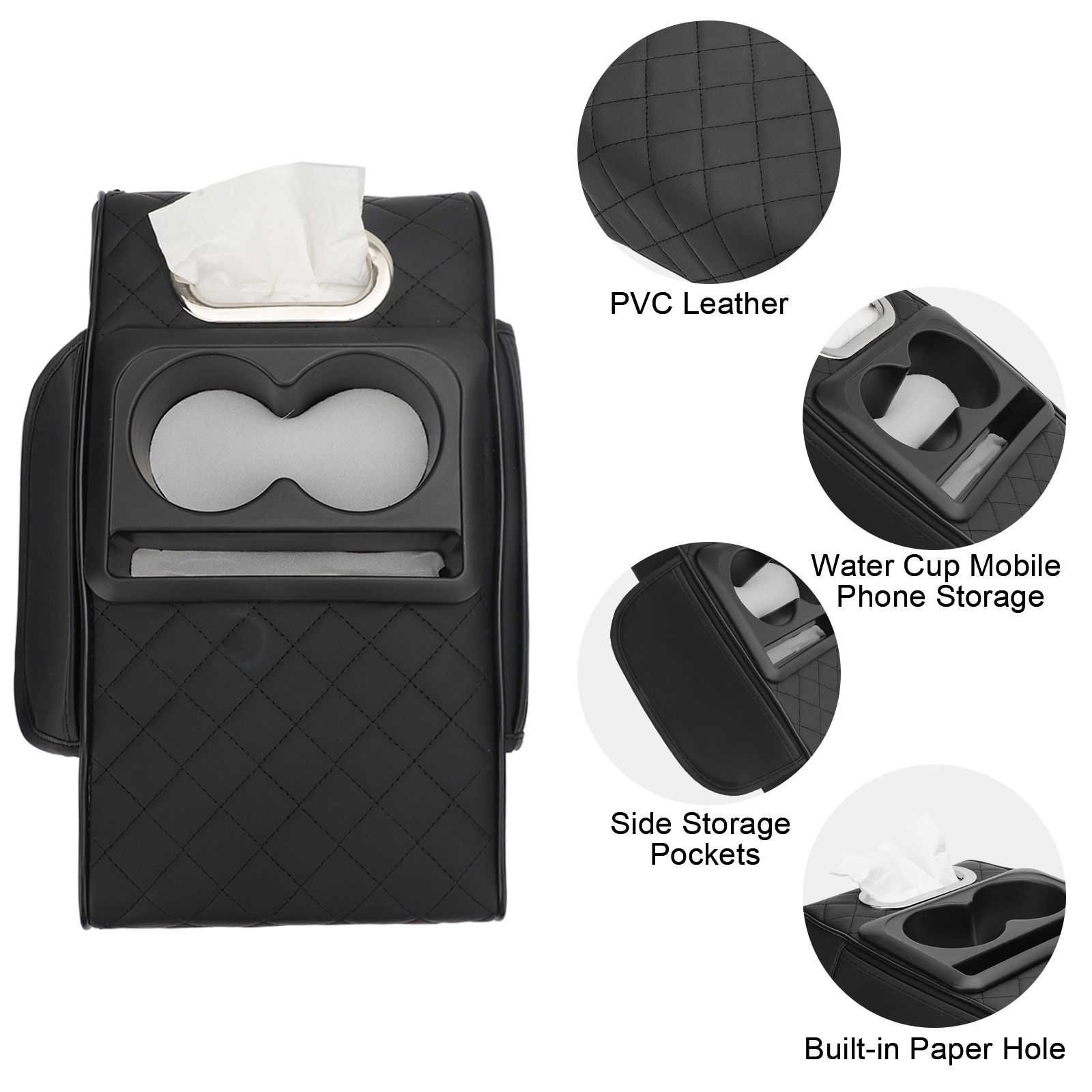Leather Car Center Console Armrest Pillow with Cup Holder, Phone Holder, Tissue Box, Side Pocket, Black