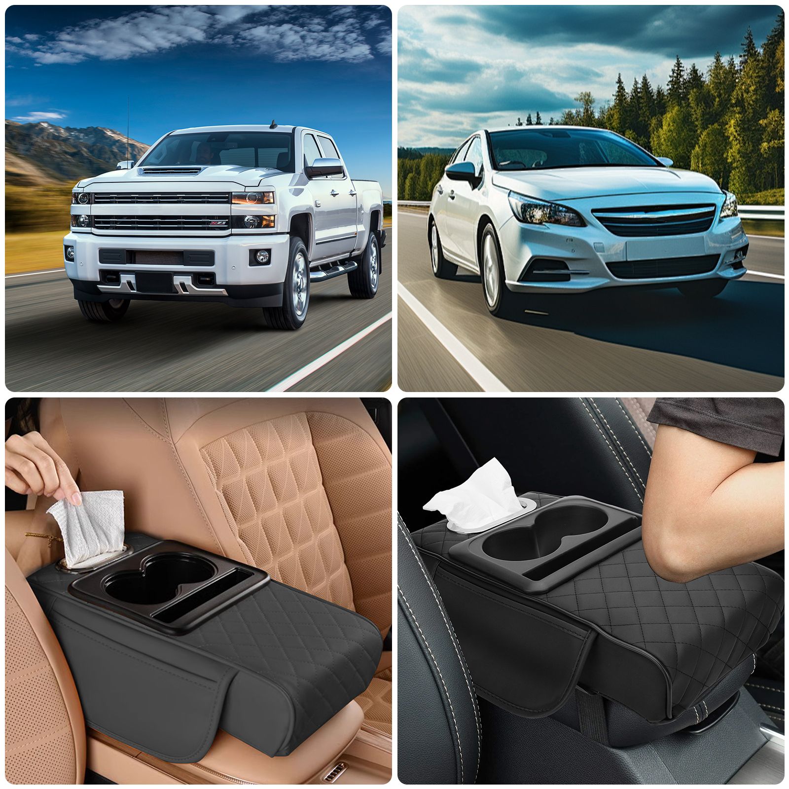 Leather Car Center Console Armrest Pillow with Cup Holder, Phone Holder, Tissue Box, Side Pocket, Black