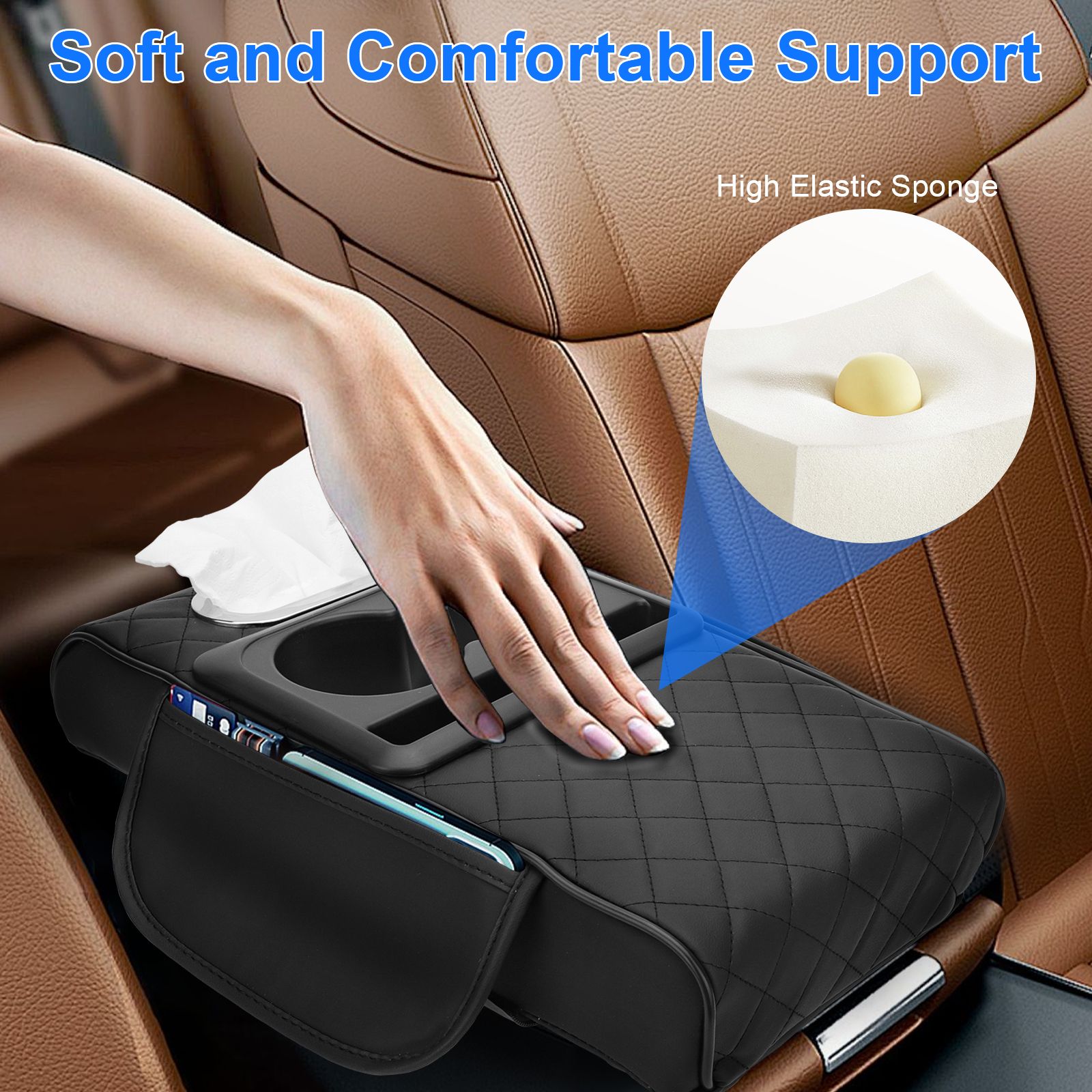 Leather Car Center Console Armrest Pillow with Cup Holder, Phone Holder, Tissue Box, Side Pocket, Black