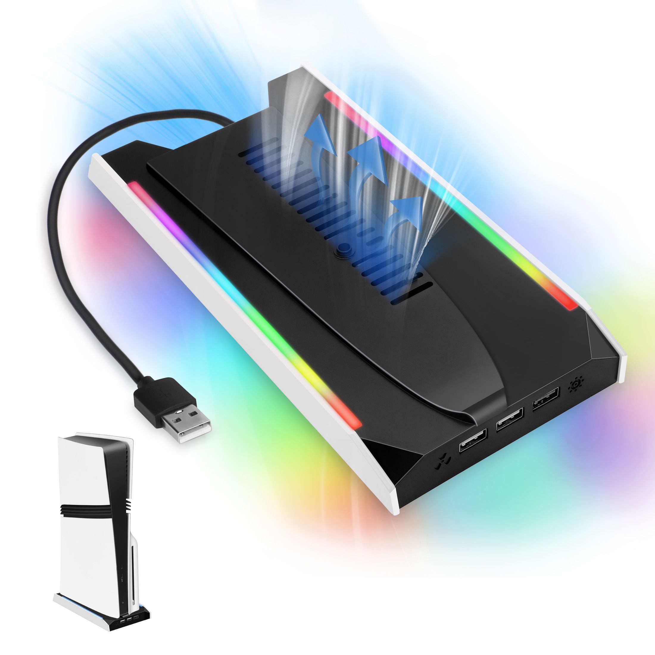 Cooling Fan Station Fit for PS5 Pro/Slim Disc & Digital Editions with 3-Speed Silent Fan, USB Charging Ports, RGB Light