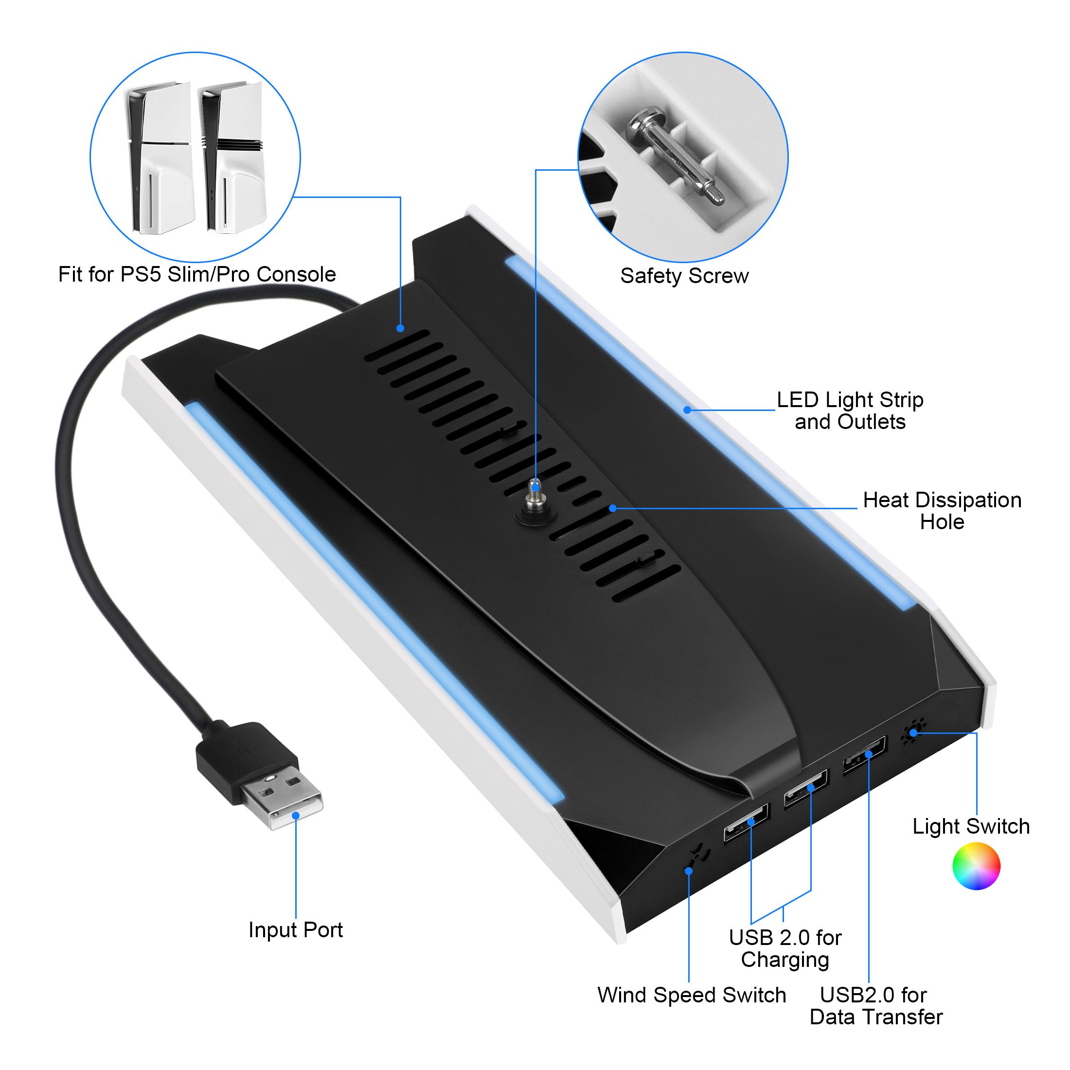 Cooling Fan Station Fit for PS5 Pro/Slim Disc & Digital Editions with 3-Speed Silent Fan, USB Charging Ports, RGB Light