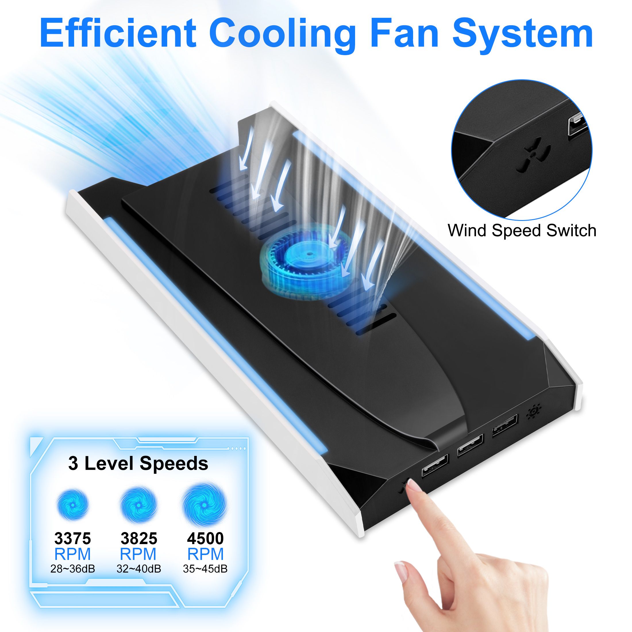 Cooling Fan Station Fit for PS5 Pro/Slim Disc & Digital Editions with 3-Speed Silent Fan, USB Charging Ports, RGB Light