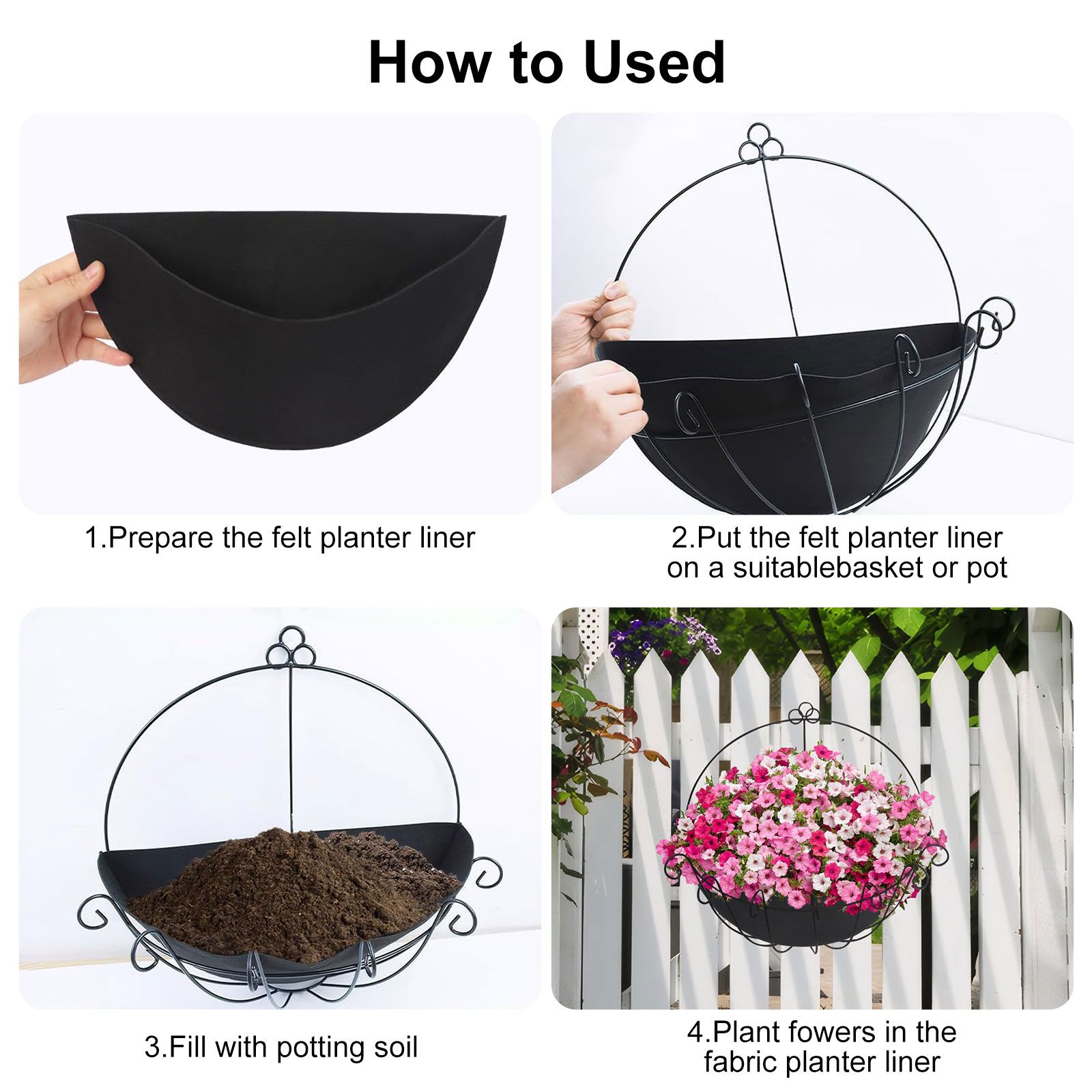 3pcs Garden Basket Liner, Half Round Replacement for Hanging and Wall Flower Basket