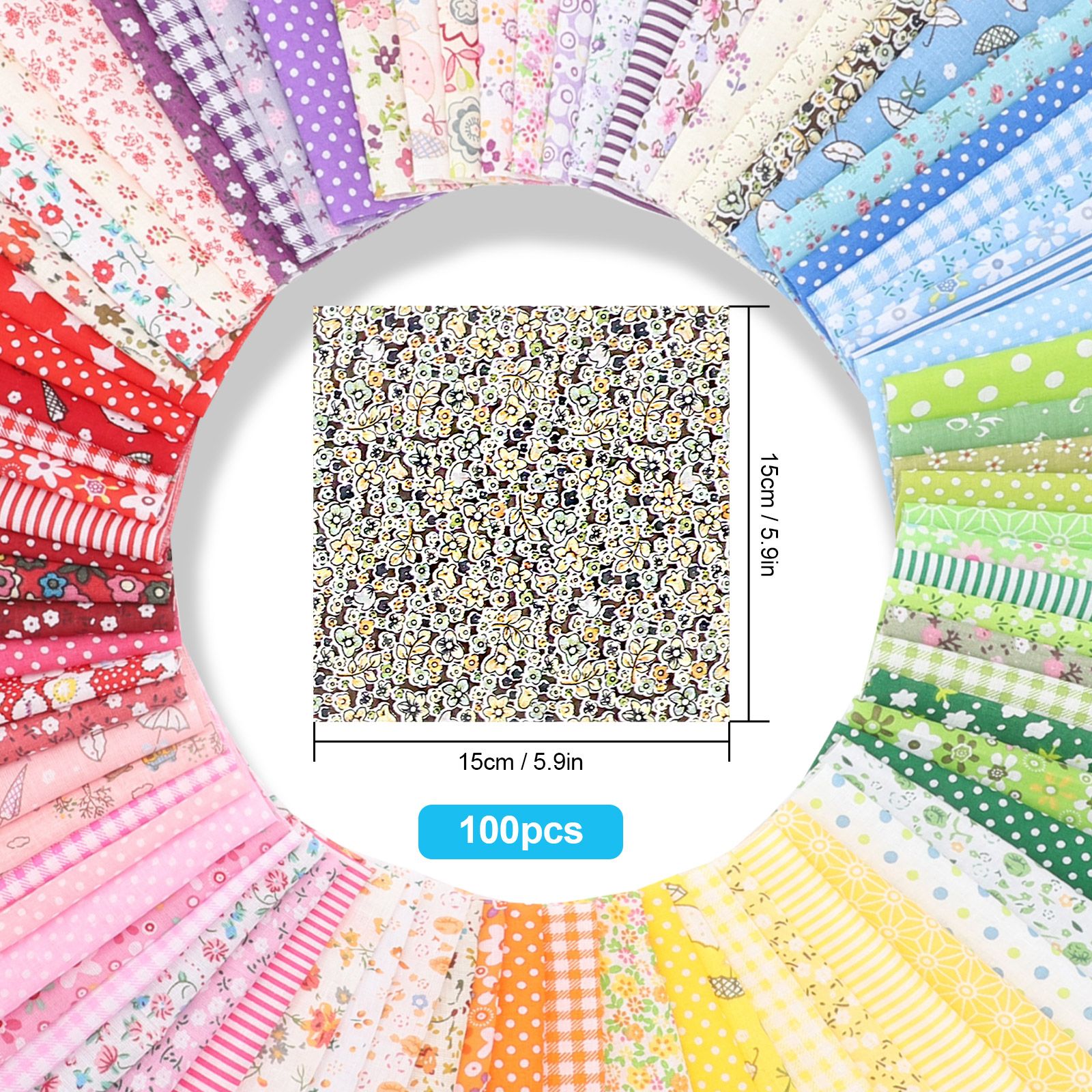 100pcs Printed Cotton Quilting Fabric for Sewing, Crafts, Patchwork, DIY Projects, 6 x 6in/15.2 x 15.2 cm