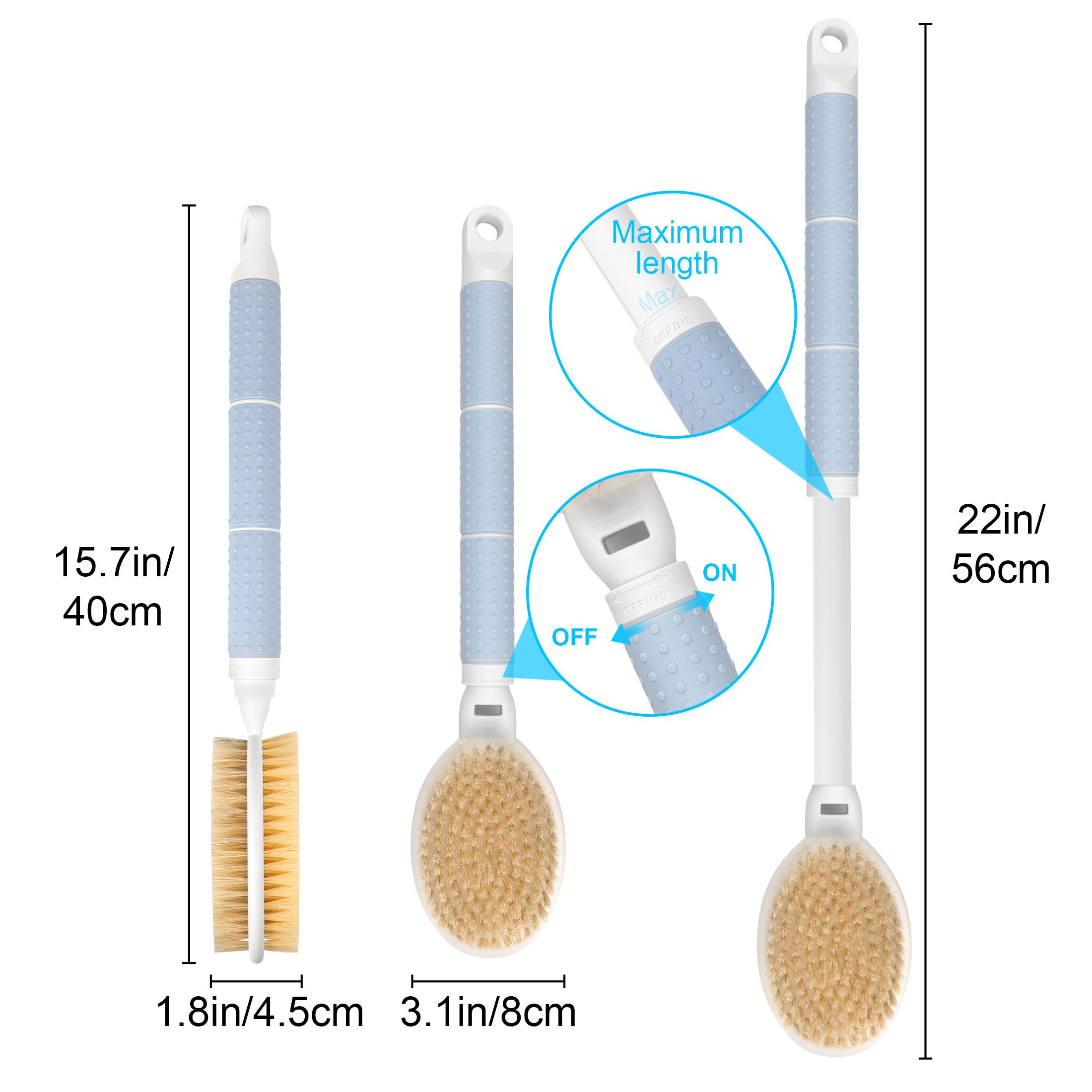 Shower Brush with Soft and Stiff Bristles, 38cm-56cm Telescopic Long Handle Dual-Sided Back Scrubber for Bath