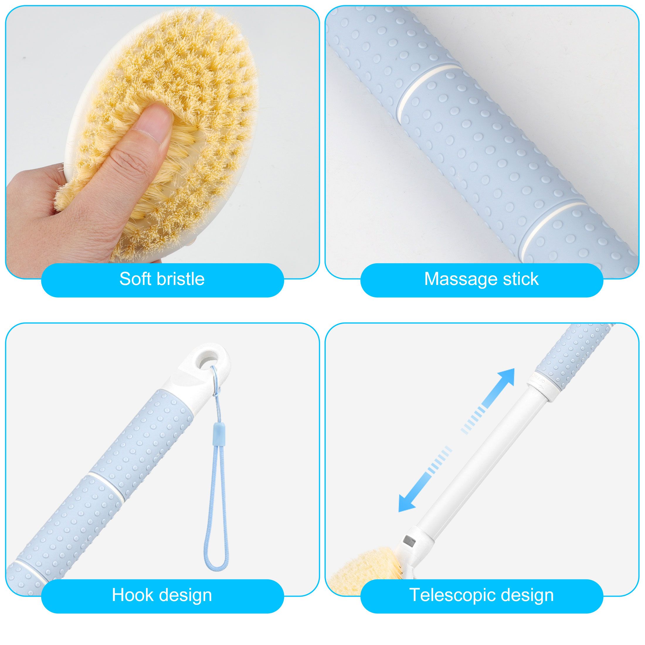 Shower Brush with Soft and Stiff Bristles, 38cm-56cm Telescopic Long Handle Dual-Sided Back Scrubber for Bath