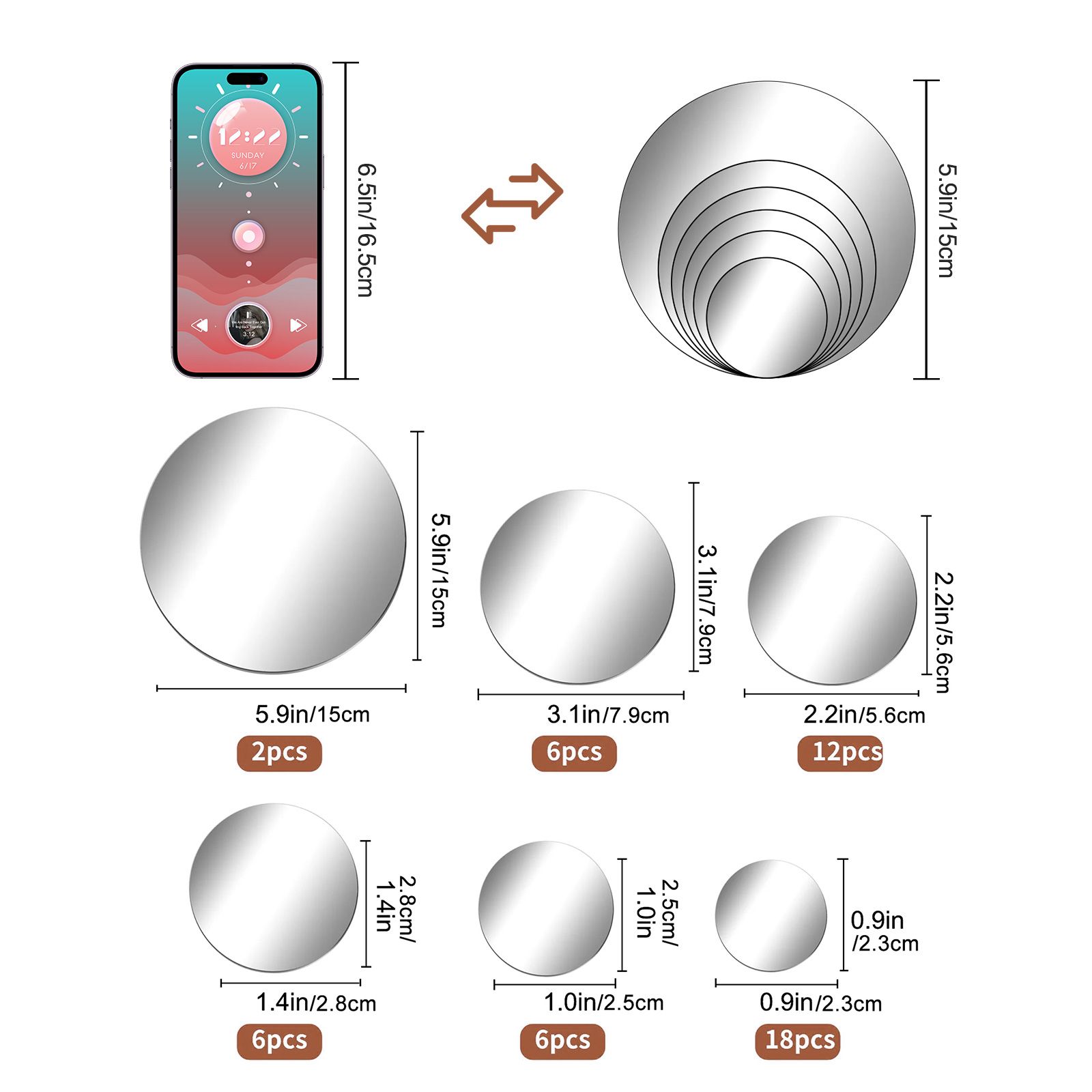 50 Pieces Mirror Wall Stickers Removable Acrylic Setting Adhesive Round Circle Mirror Tiles Decals for Home Living Room Bedroom Decor(Silver, Mix-Size)