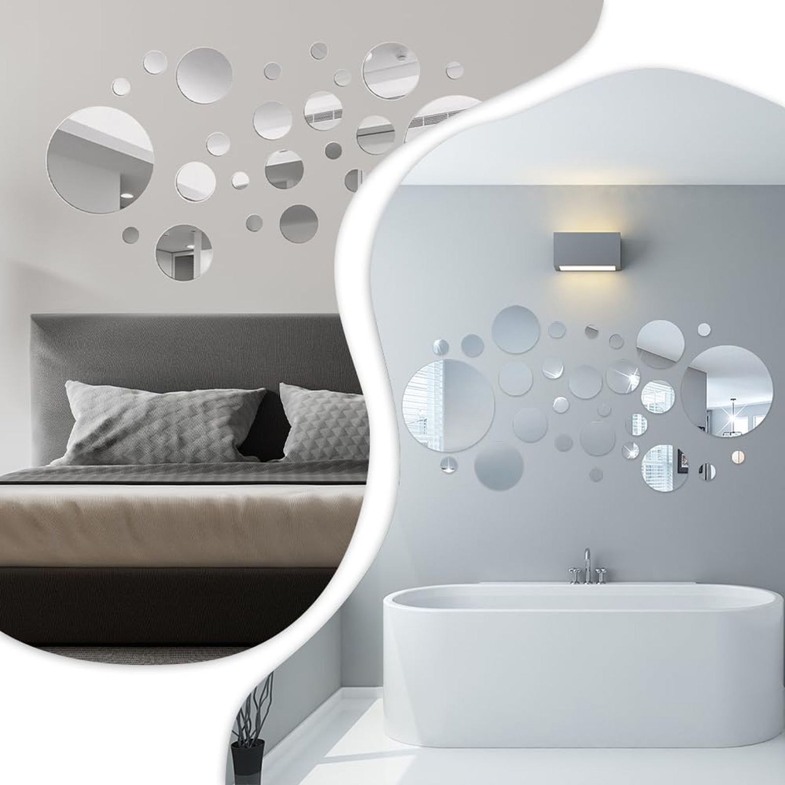 50 Pieces Mirror Wall Stickers Removable Acrylic Setting Adhesive Round Circle Mirror Tiles Decals for Home Living Room Bedroom Decor(Silver, Mix-Size)