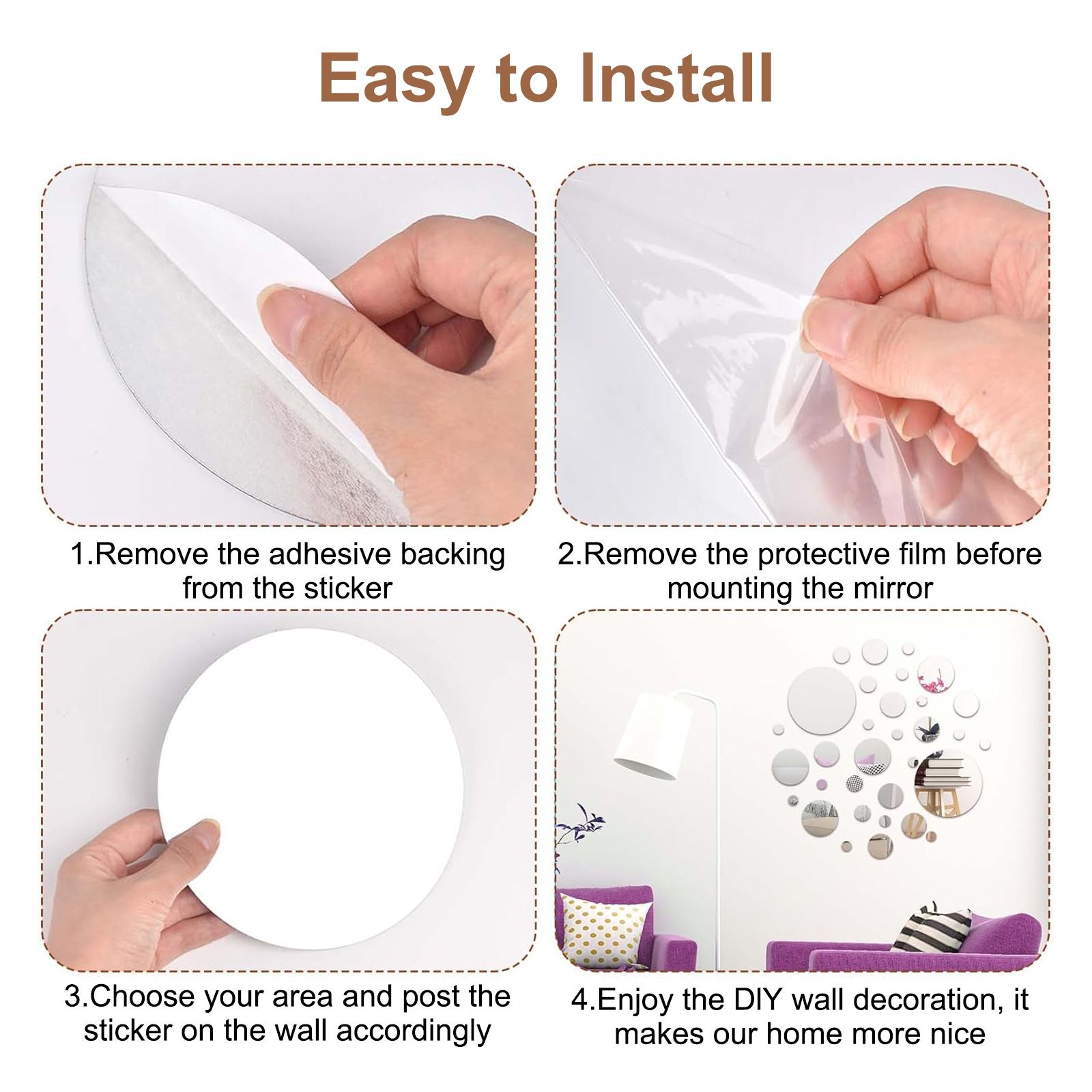 50 Pieces Mirror Wall Stickers Removable Acrylic Setting Adhesive Round Circle Mirror Tiles Decals for Home Living Room Bedroom Decor(Silver, Mix-Size)