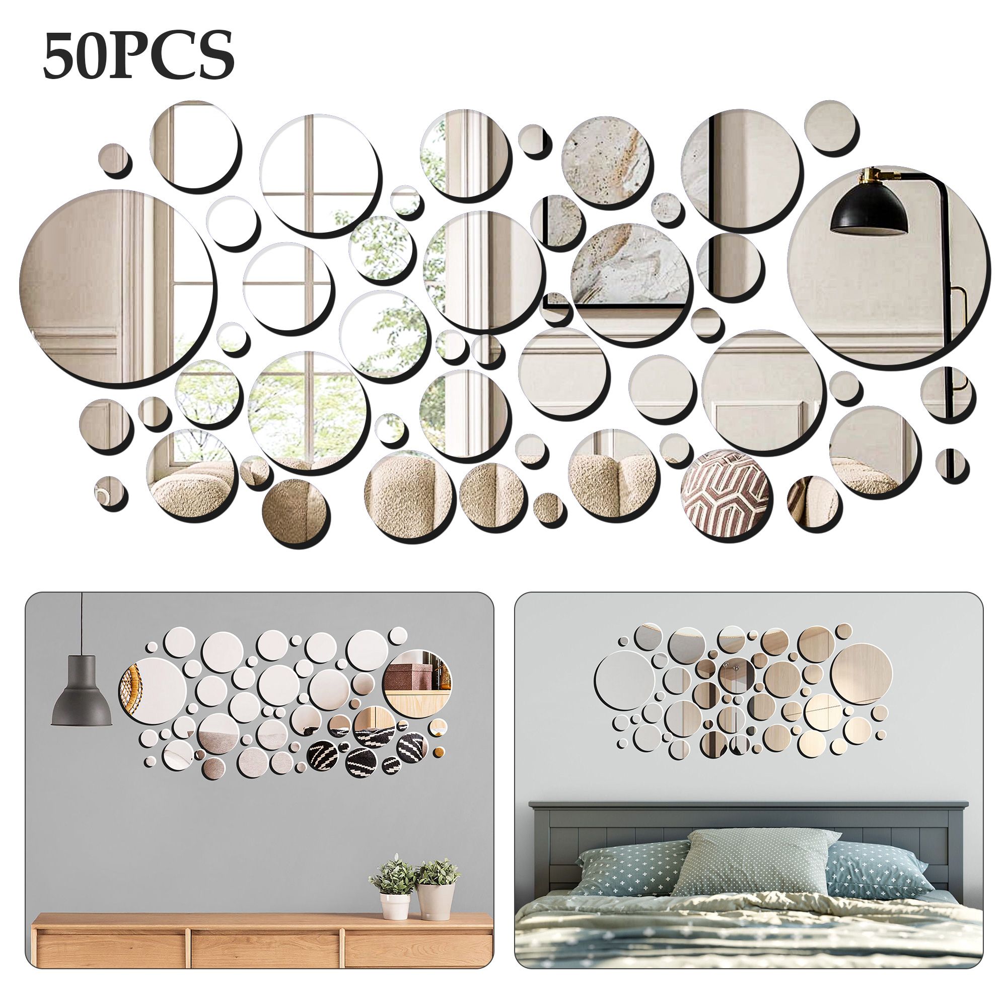 50 Pieces Mirror Wall Stickers Removable Acrylic Setting Adhesive Round Circle Mirror Tiles Decals for Home Living Room Bedroom Decor(Silver, Mix-Size)