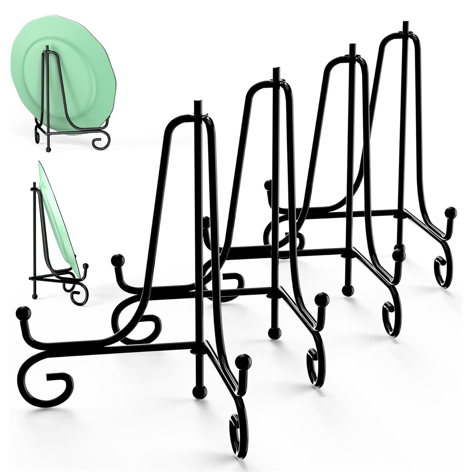 4PCS Premium Black Iron Plate Stands for Display 5Inch/12.7cm, Decorative Solid Metal Plate Holders for Displaying, Mini Easel, Frame, Book, Card, Plaque, Bowl, Picture Stands for Display