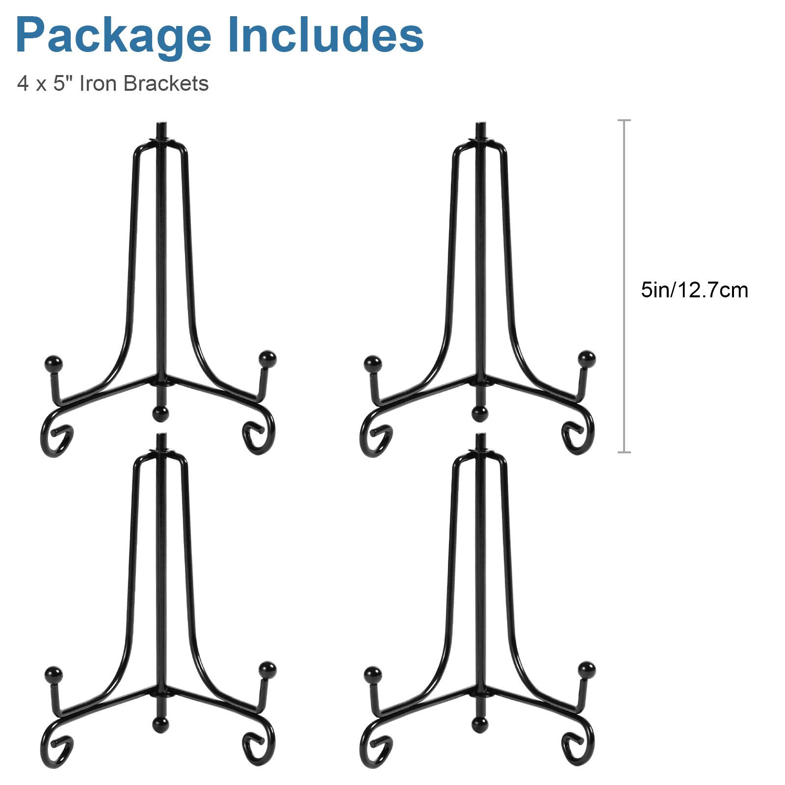 4PCS Premium Black Iron Plate Stands for Display 5Inch/12.7cm, Decorative Solid Metal Plate Holders for Displaying, Mini Easel, Frame, Book, Card, Plaque, Bowl, Picture Stands for Display