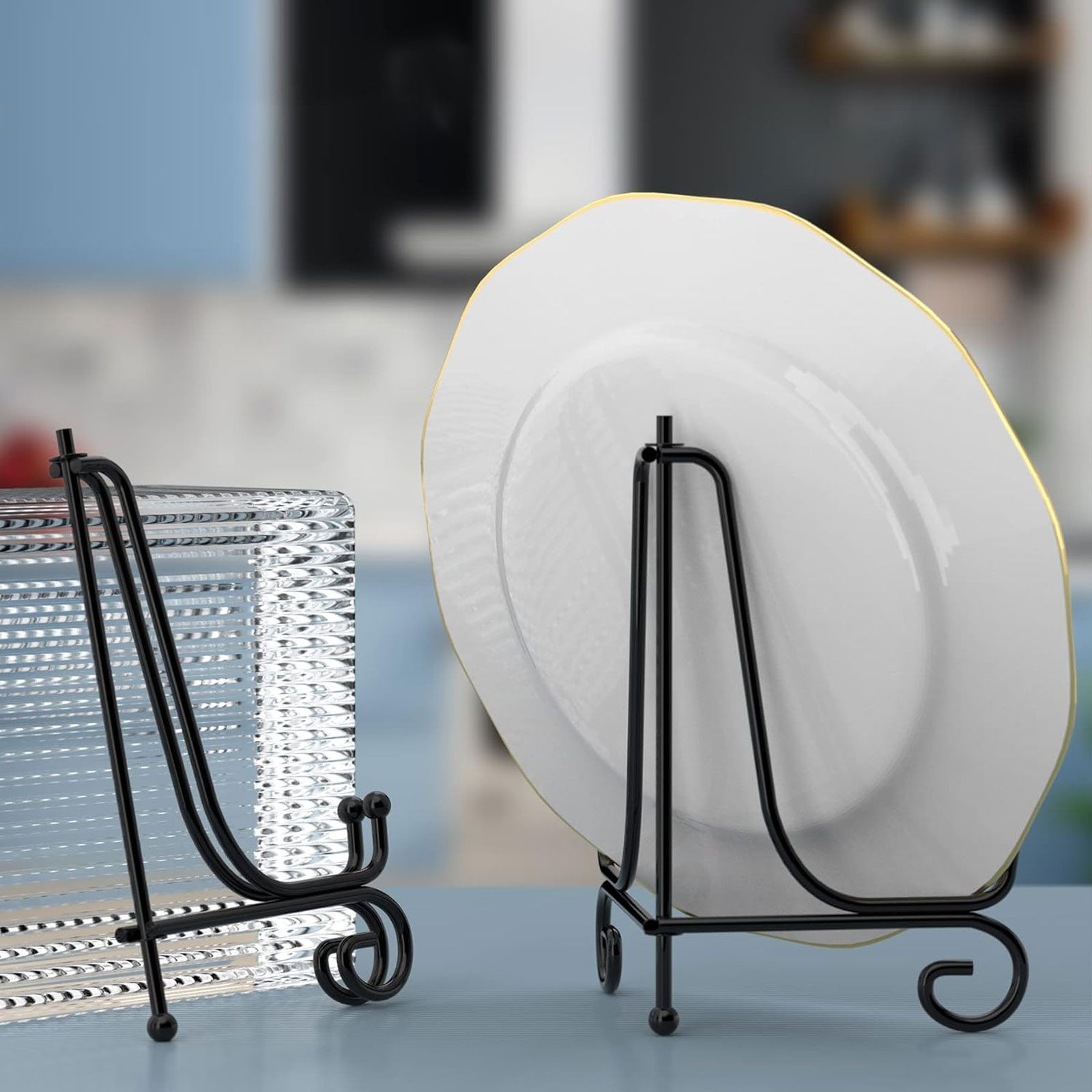 4PCS Premium Black Iron Plate Stands for Display 5Inch/12.7cm, Decorative Solid Metal Plate Holders for Displaying, Mini Easel, Frame, Book, Card, Plaque, Bowl, Picture Stands for Display