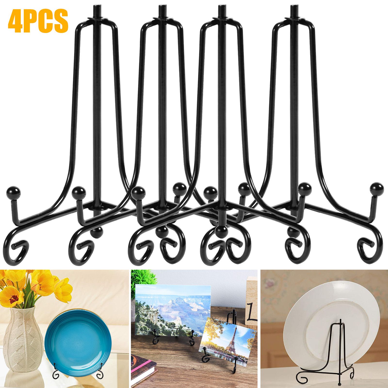 4PCS Premium Black Iron Plate Stands for Display 5Inch/12.7cm, Decorative Solid Metal Plate Holders for Displaying, Mini Easel, Frame, Book, Card, Plaque, Bowl, Picture Stands for Display