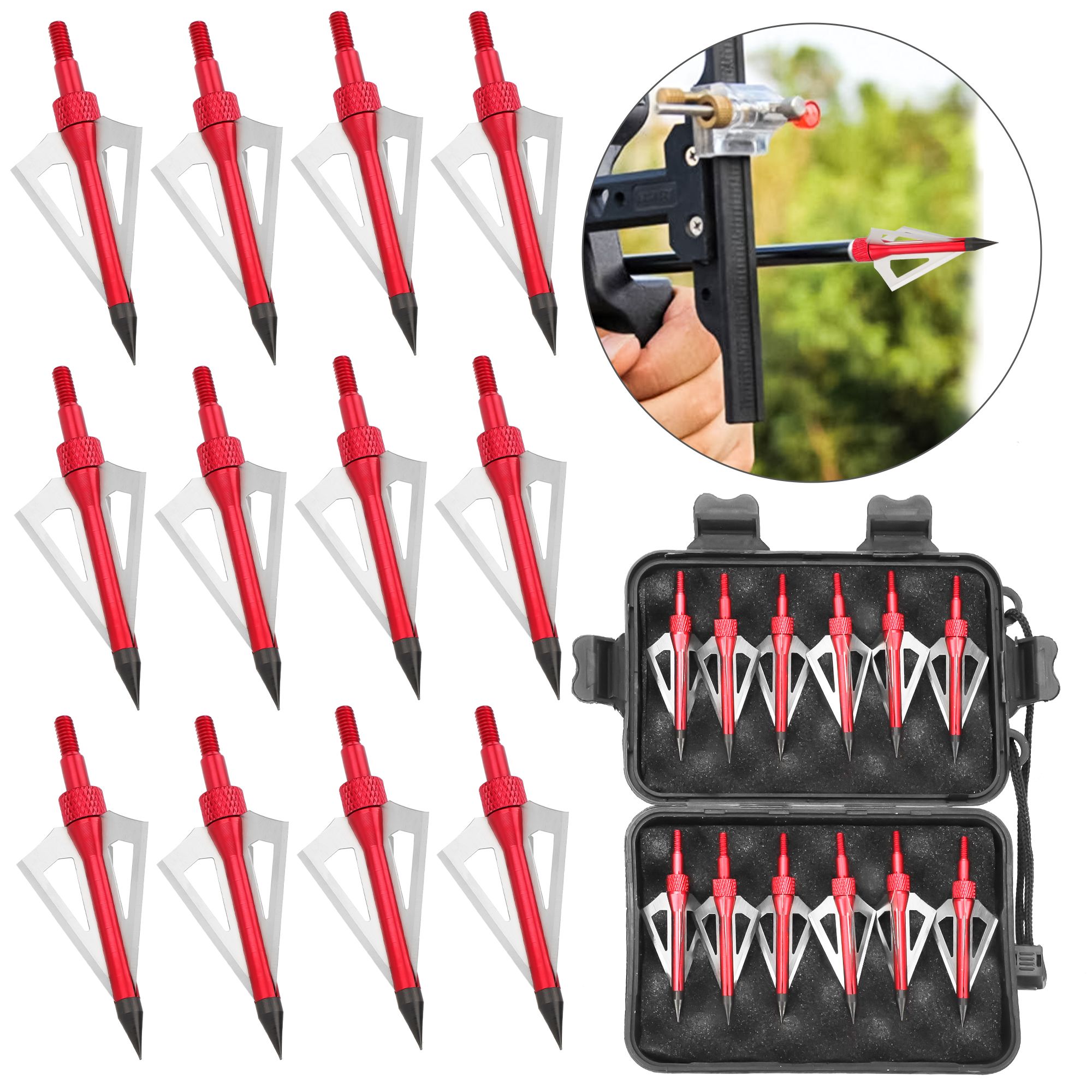Hunting Broadheads 12pcs 100 Grains Screw-in Arrow Archery 3 Blades Hunting Heads Arrow Tips Compatible with Crossbow and Compound Bow + Broadhead Storage Case