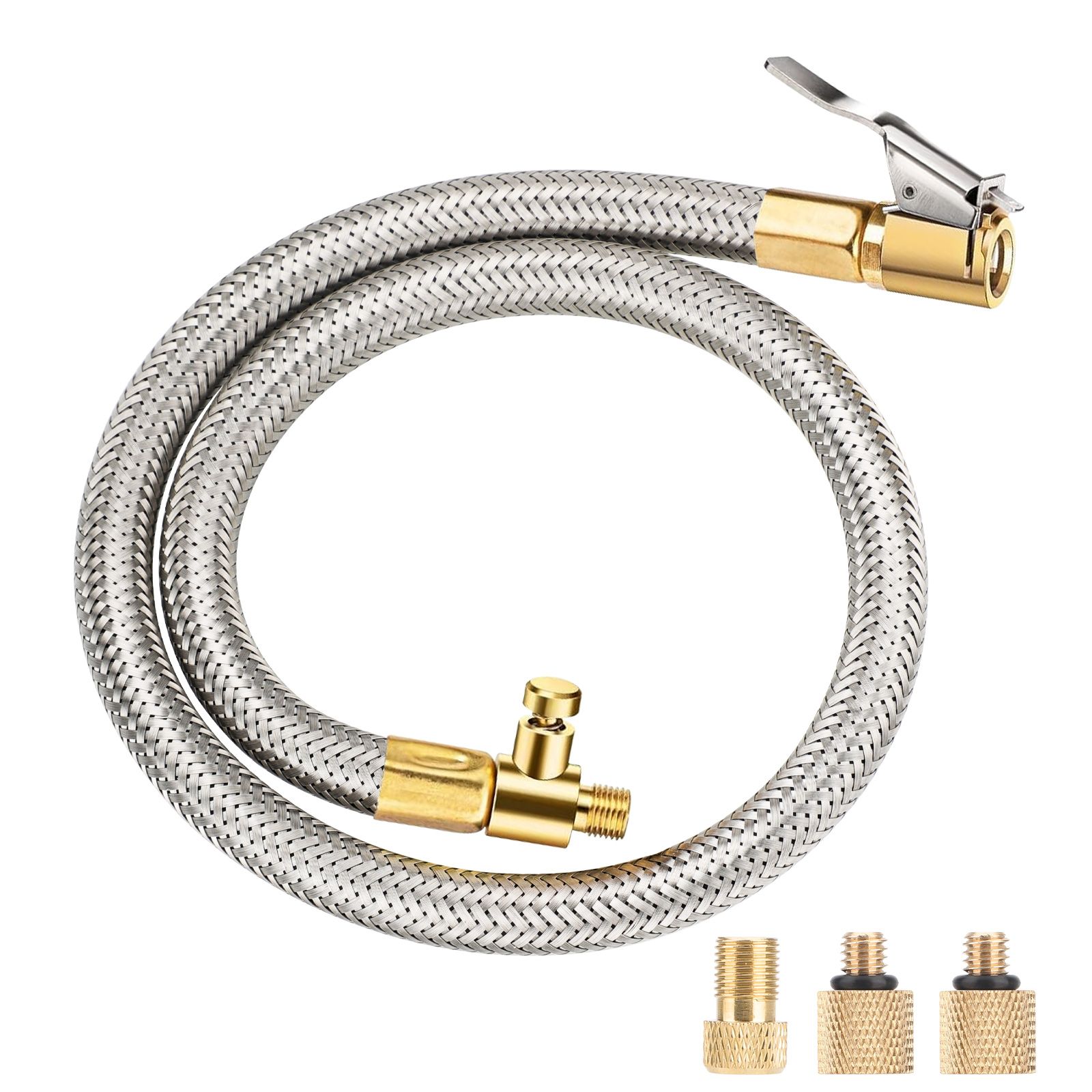 2pcs 50cm Tire Inflator Extension Hose Adaptor with Quick Release, Clip-On Locking Air Chuck with Flexible Stainless Steel Tire Valve Extension Tube, Air Tire Connect Pipe for Air Pump/Compressor